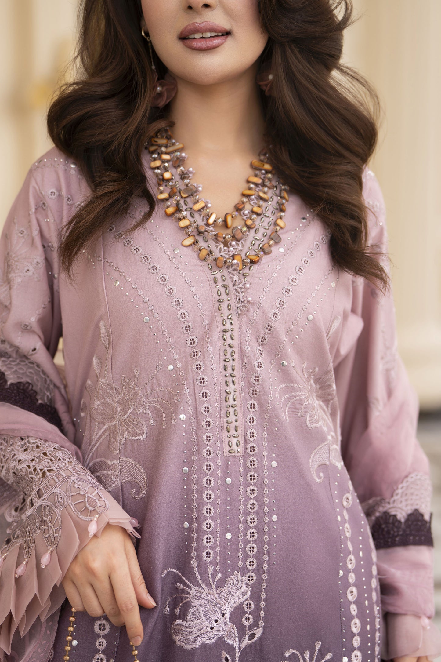 Arwah Aureen AA11 3pc Embroidered Cotton Long Suit with Organza Dupatta