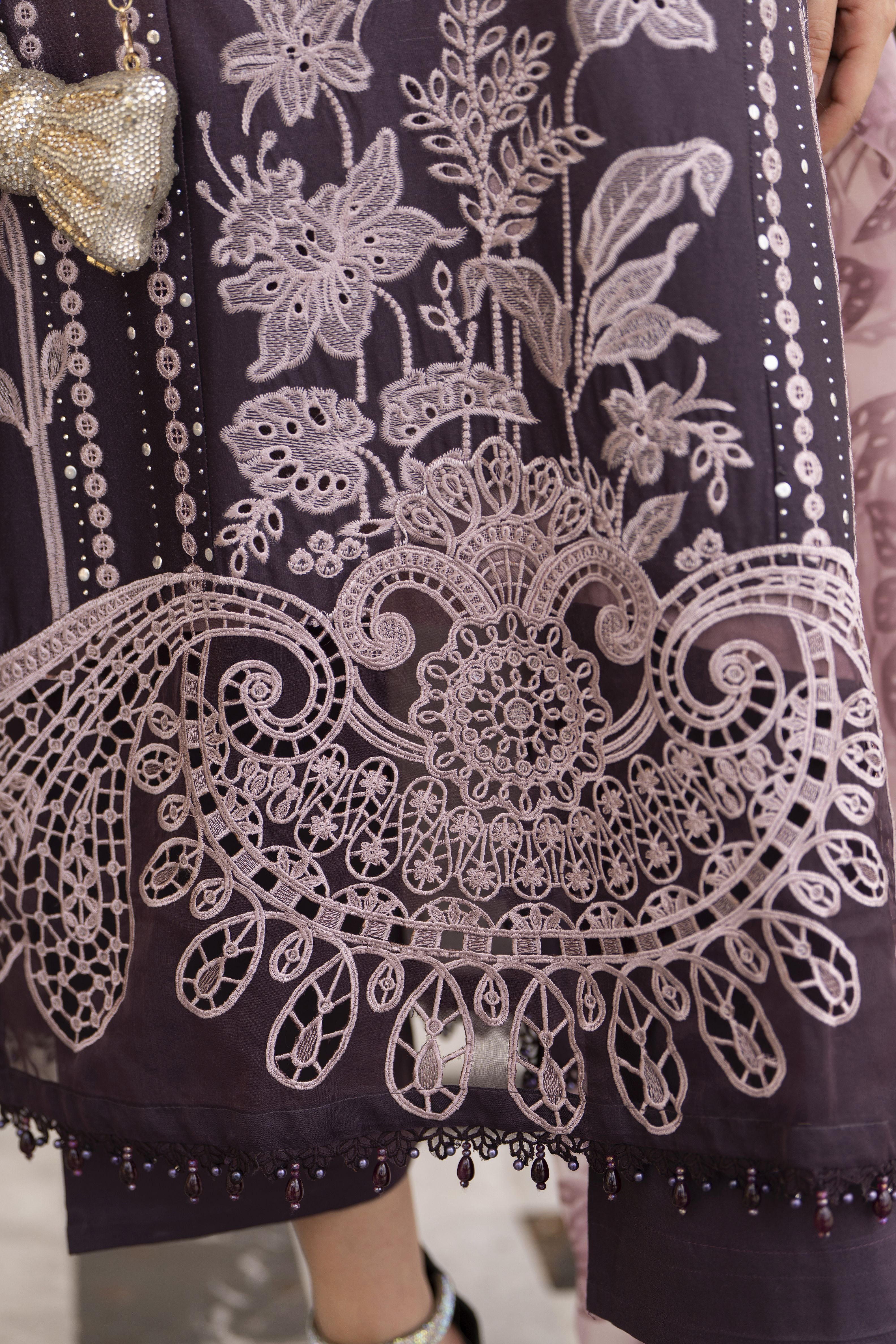 Arwah Aureen AA11 3pc Embroidered Cotton Long Suit with Organza Dupatta