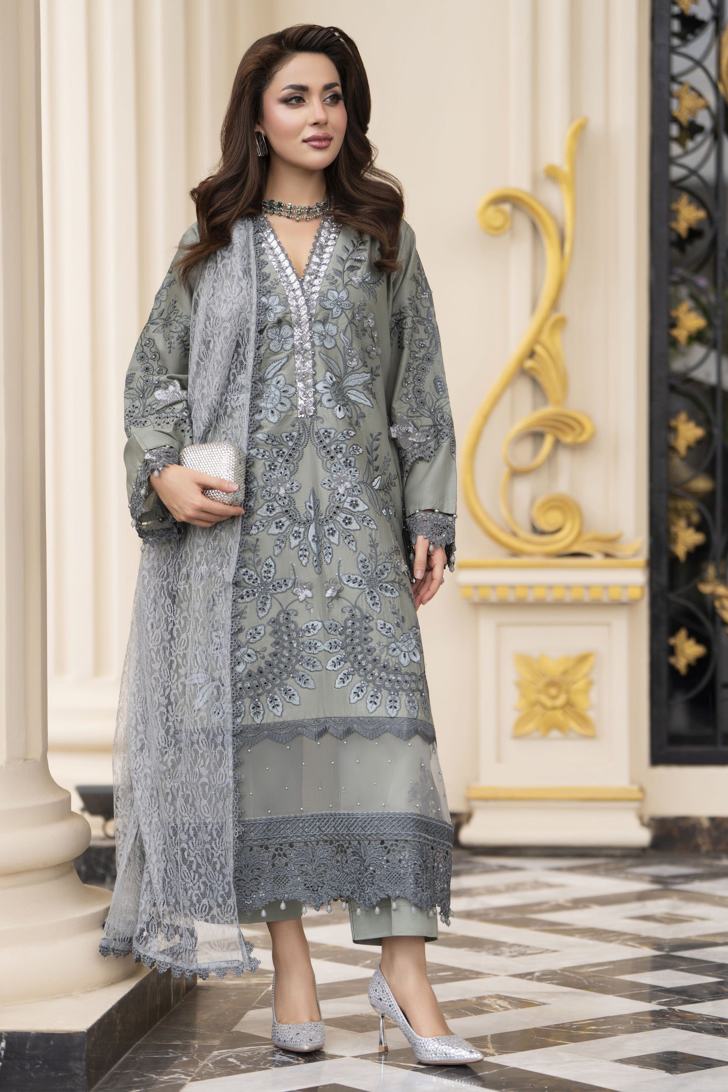 Arwah Aureen AA5 Grey 3pc Boring Embroidered Cotton Long Suit