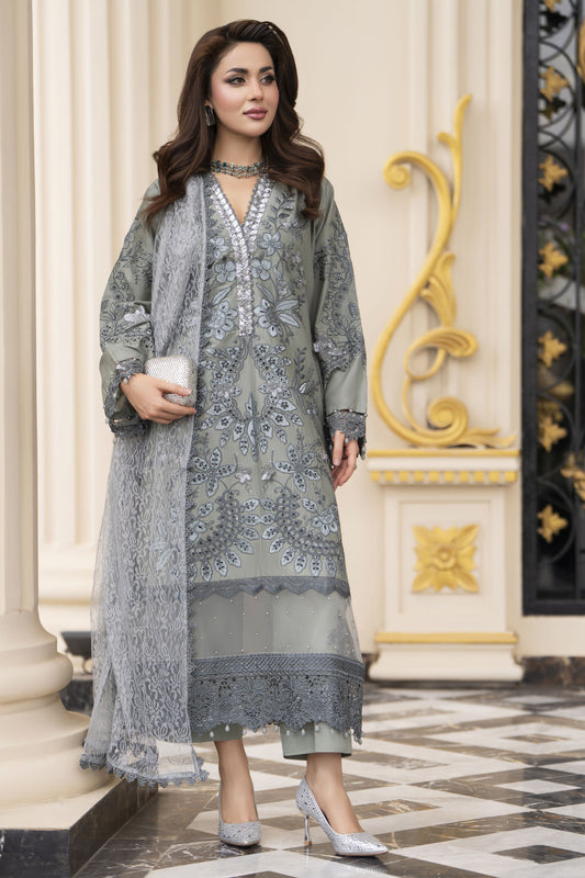 Arwah Aureen AA5 Grey 3pc Boring Embroidered Cotton Long Suit