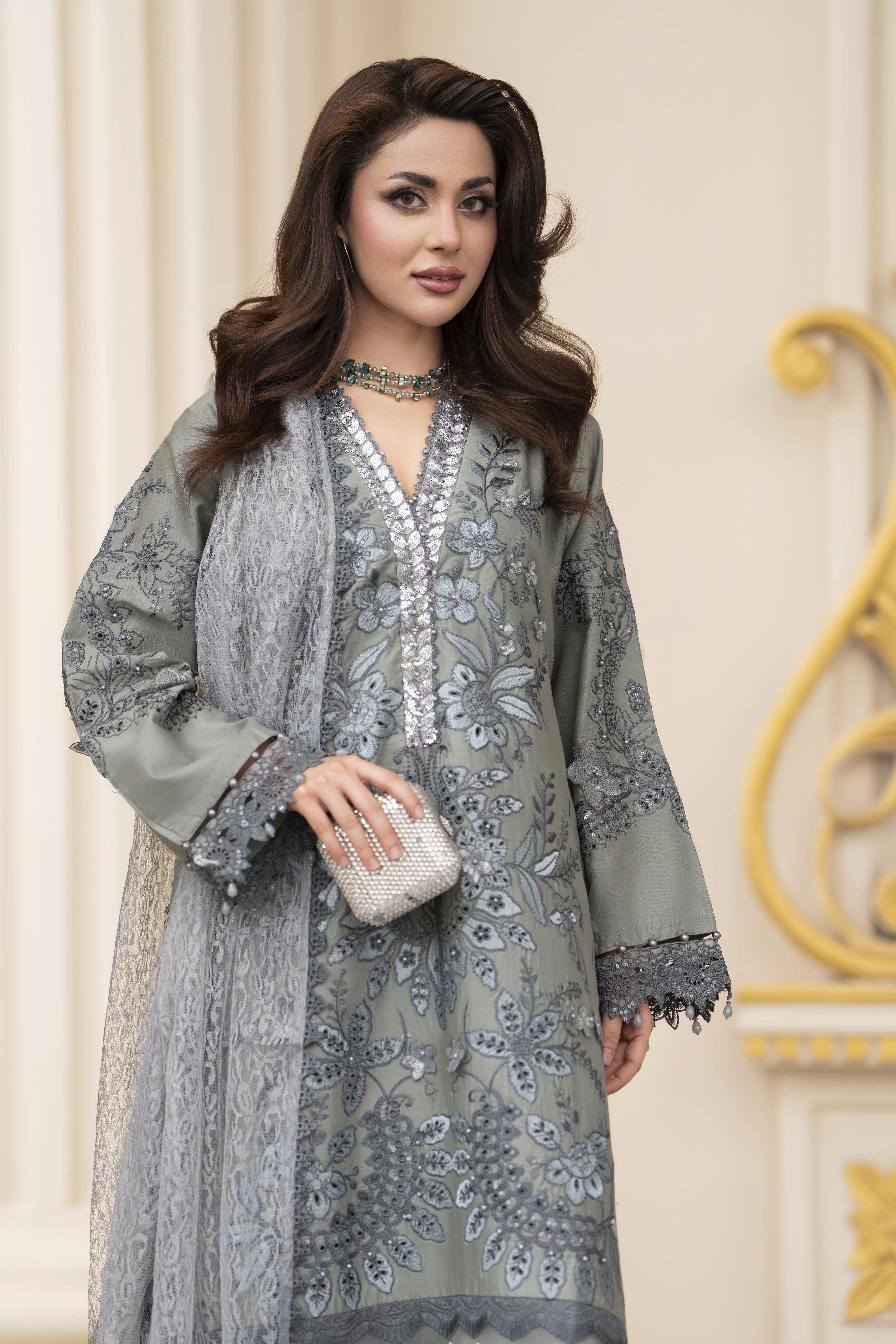Arwah Aureen AA5 Grey 3pc Boring Embroidered Cotton Long Suit