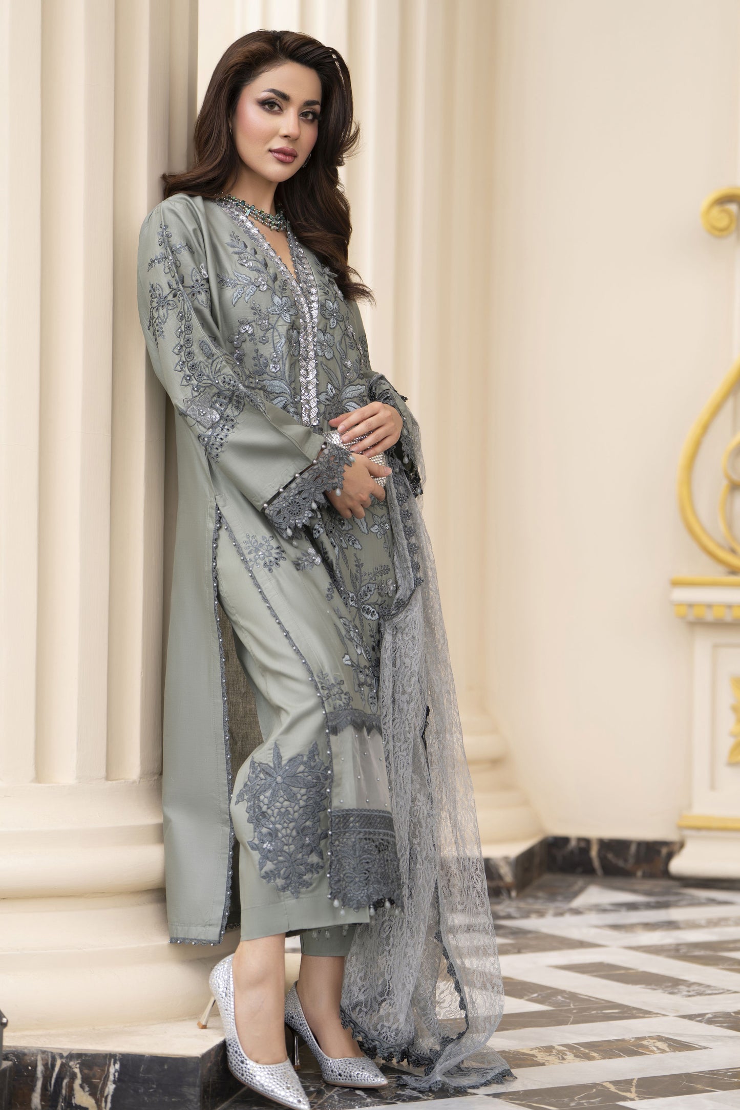 Arwah Aureen AA5 Grey 3pc Boring Embroidered Cotton Long Suit