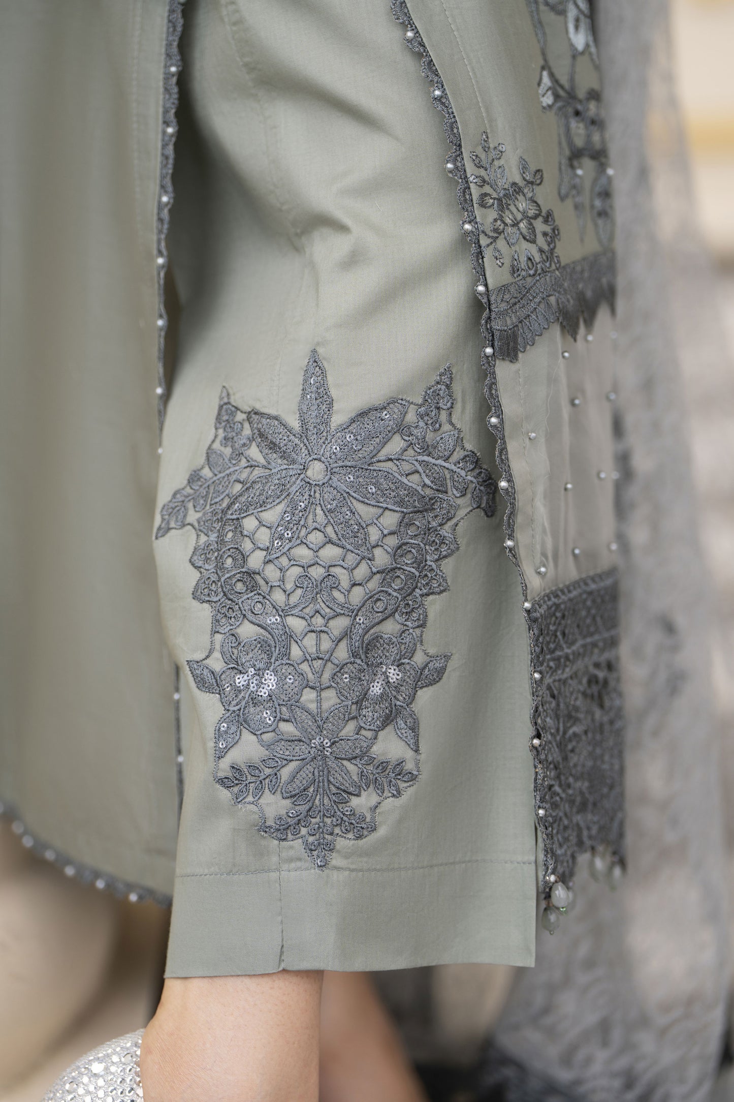 Arwah Aureen AA5 Grey 3pc Boring Embroidered Cotton Long Suit