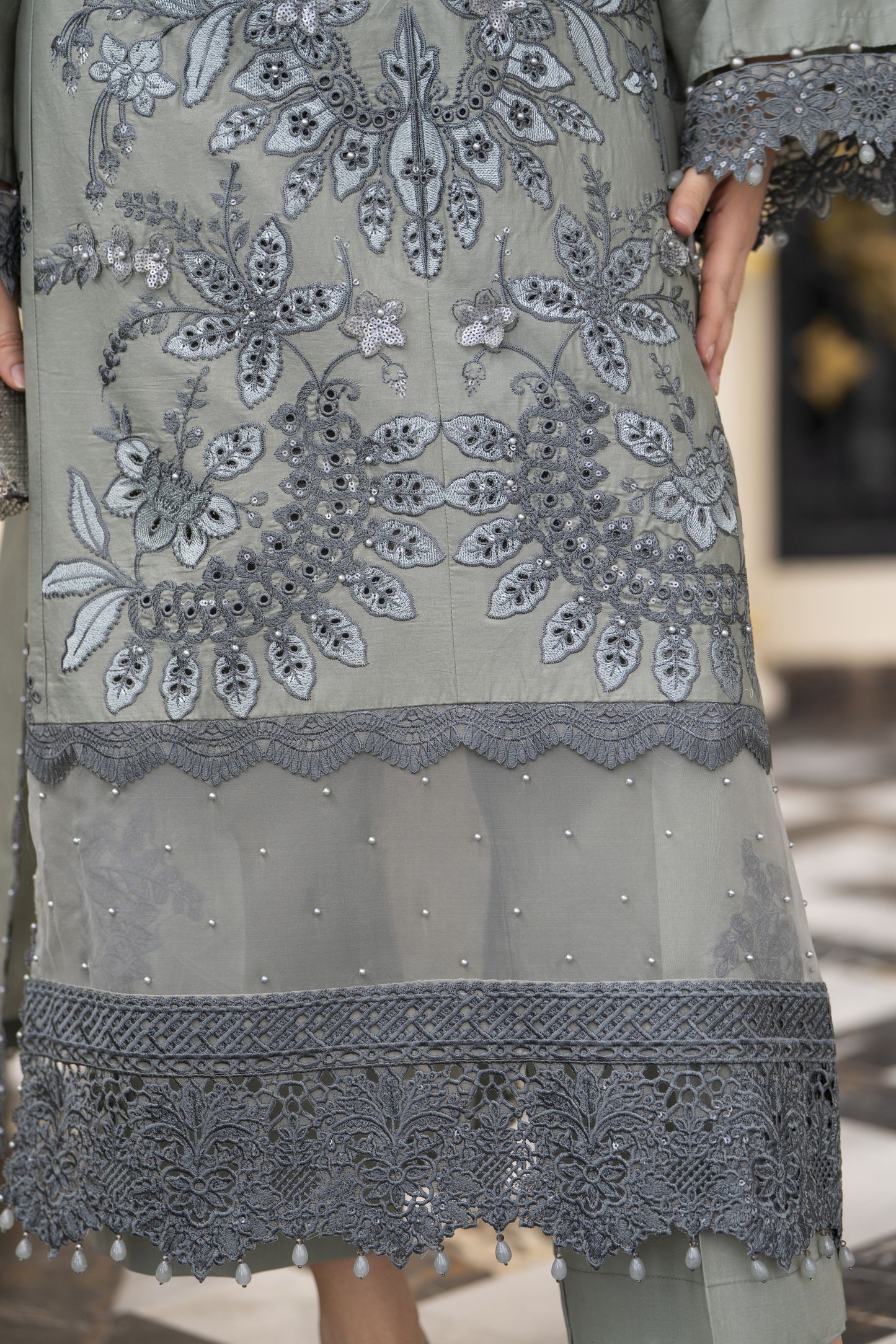 Arwah Aureen AA5 Grey 3pc Boring Embroidered Cotton Long Suit