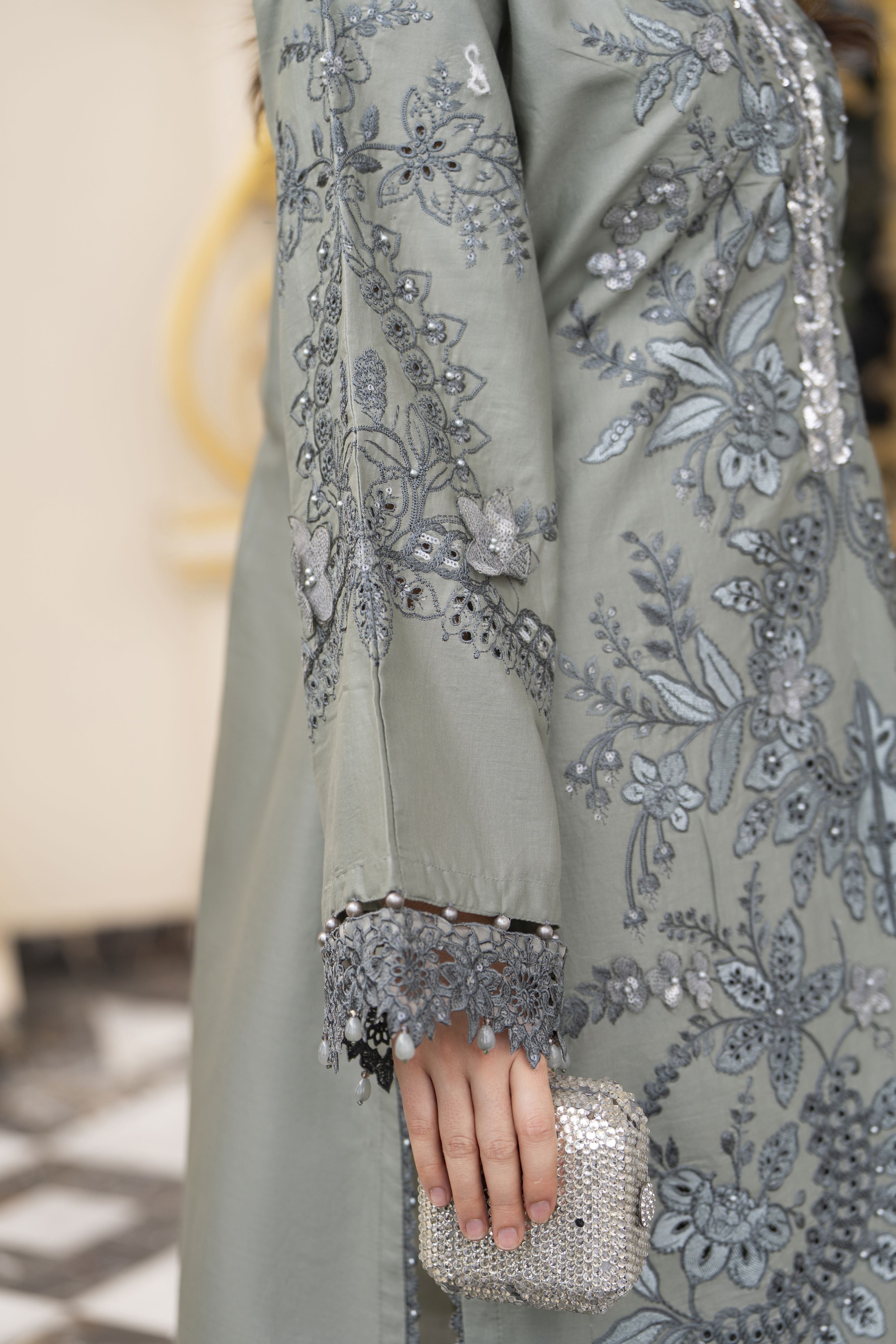 Arwah Aureen AA5 Grey 3pc Boring Embroidered Cotton Long Suit