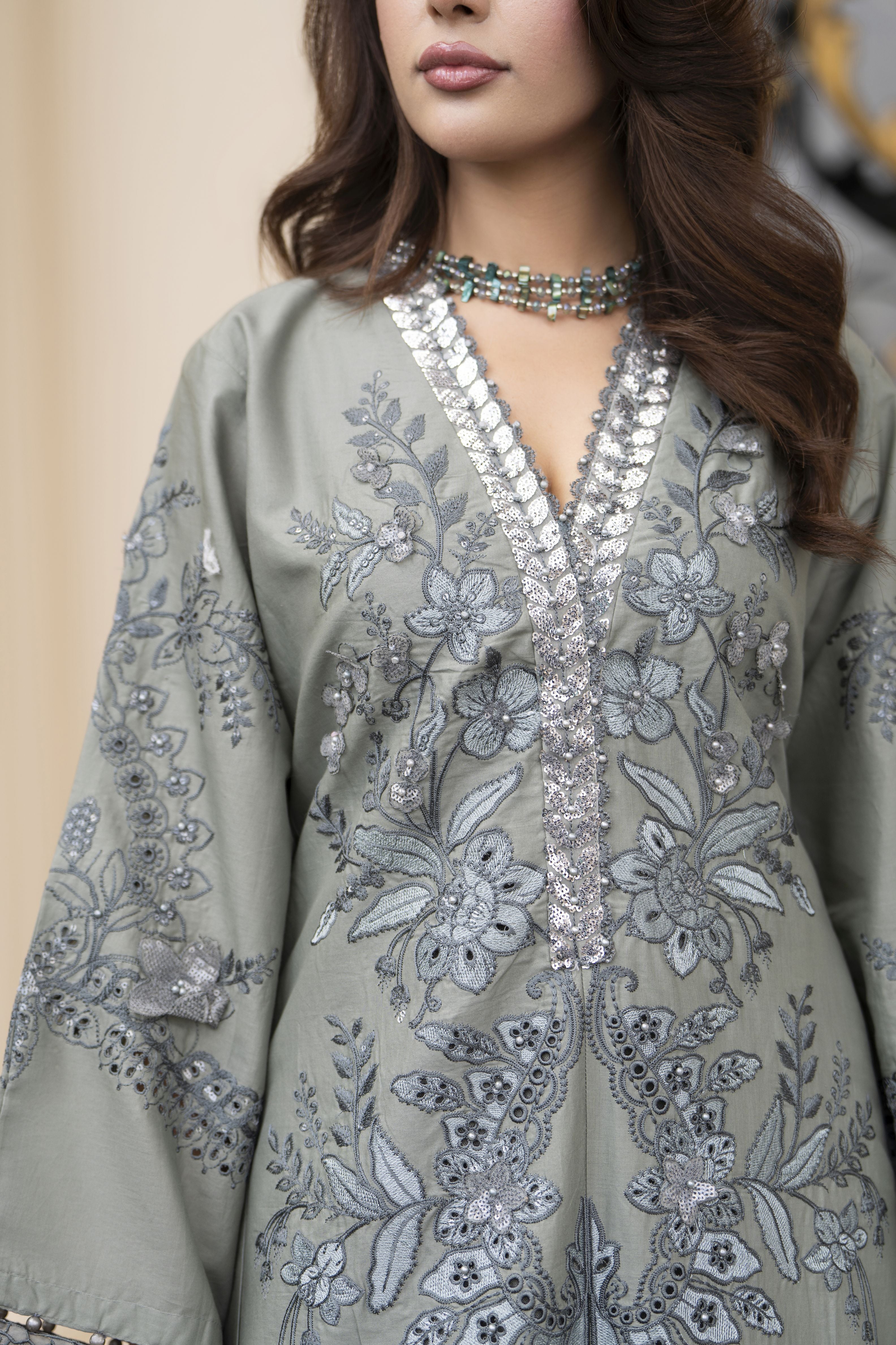 Arwah Aureen AA5 Grey 3pc Boring Embroidered Cotton Long Suit