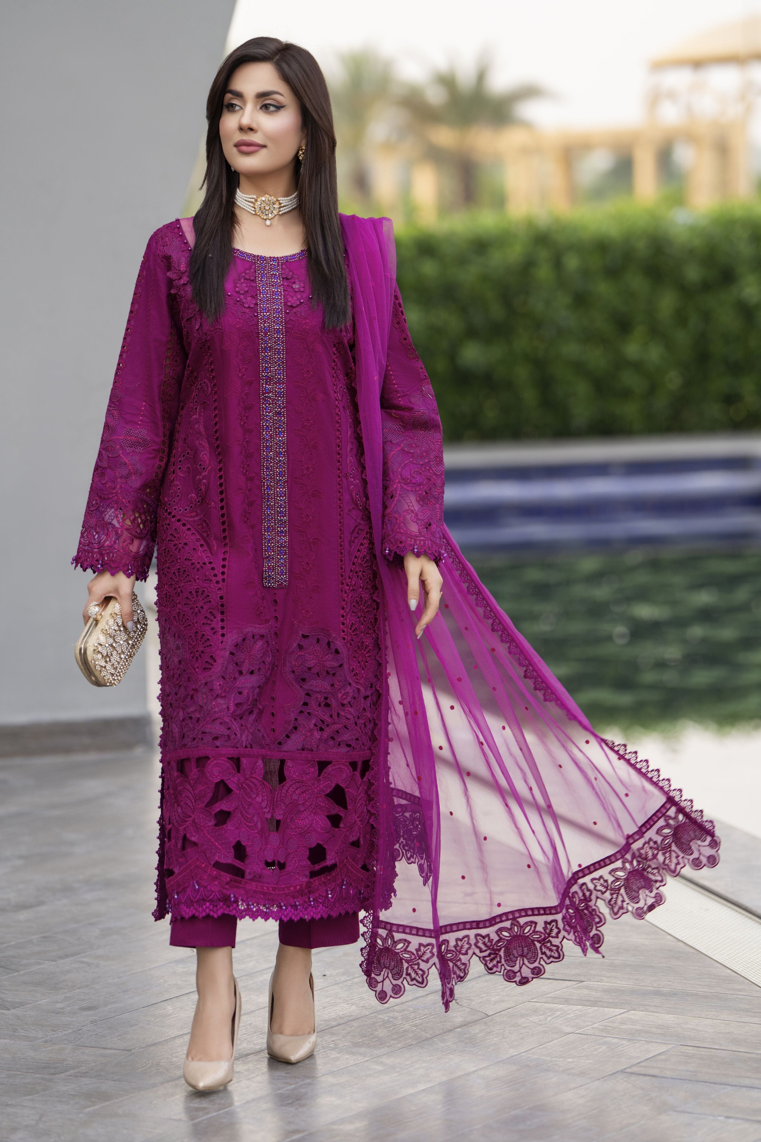 Raabtaa – A Silver Affair | Deep Magenta Designer Womens Eveningwear SRS07