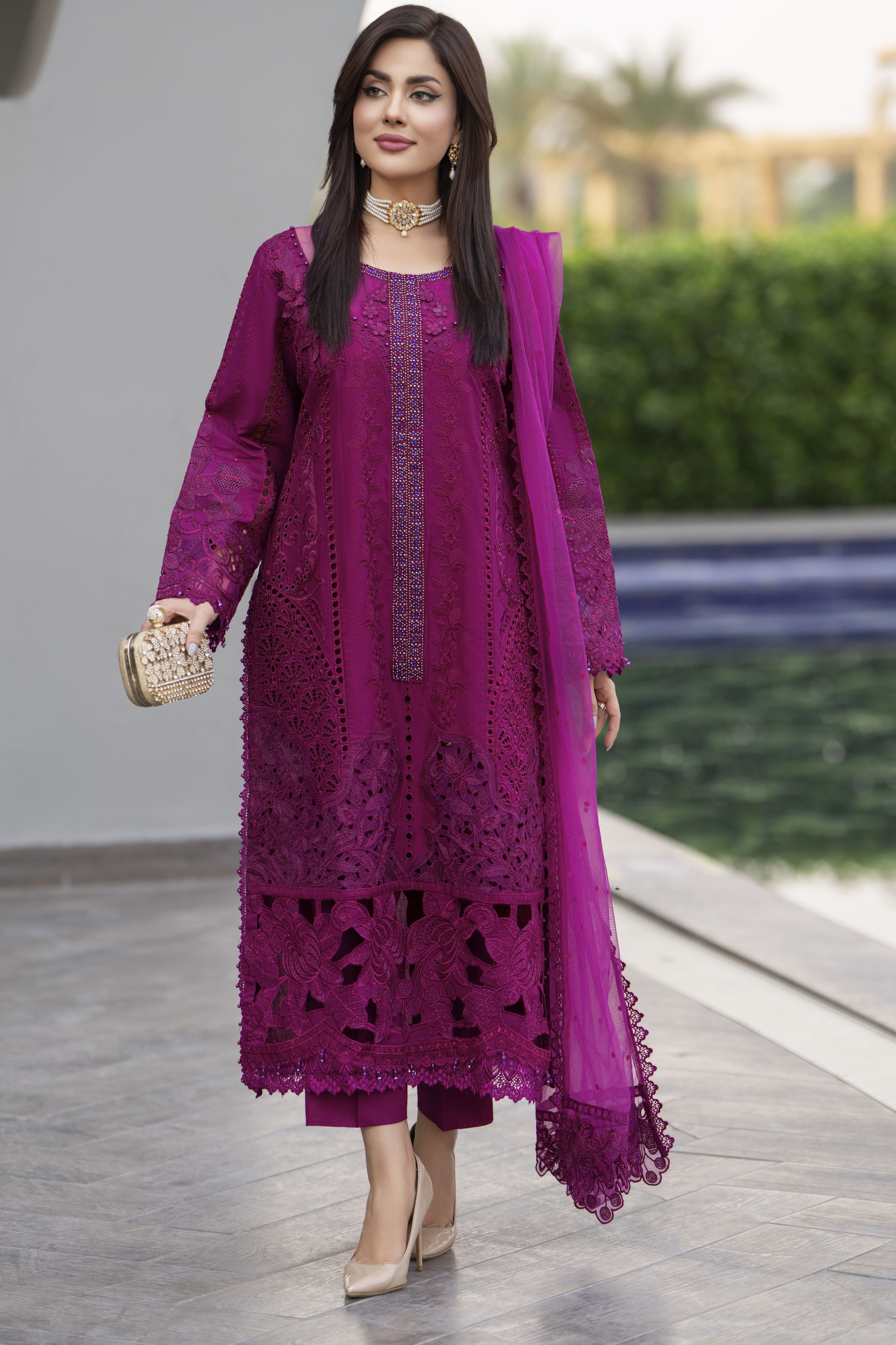 Raabtaa – A Silver Affair | Deep Magenta Designer Womens Eveningwear SRS07