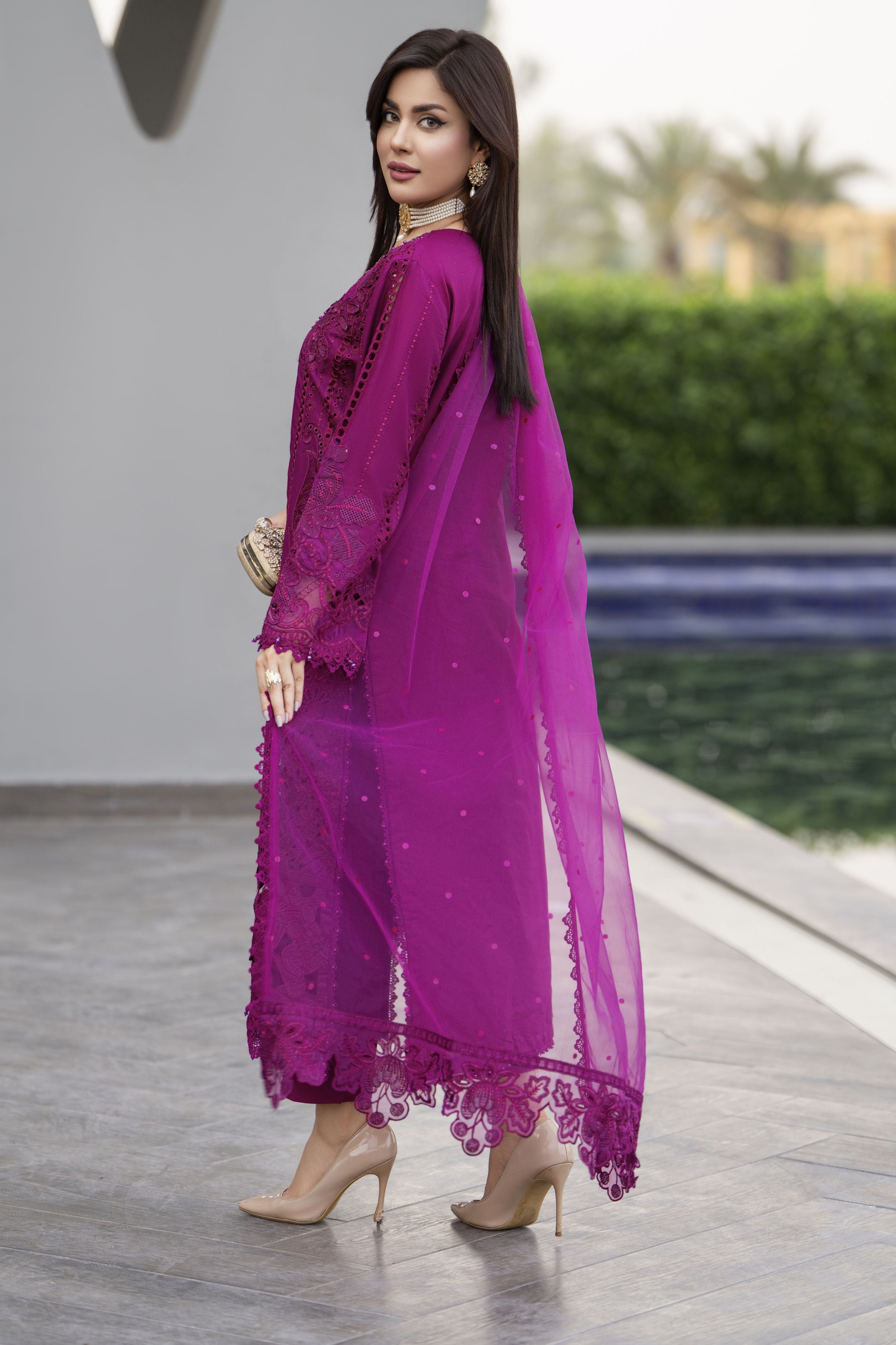 Raabtaa – A Silver Affair | Deep Magenta Designer Womens Eveningwear SRS07