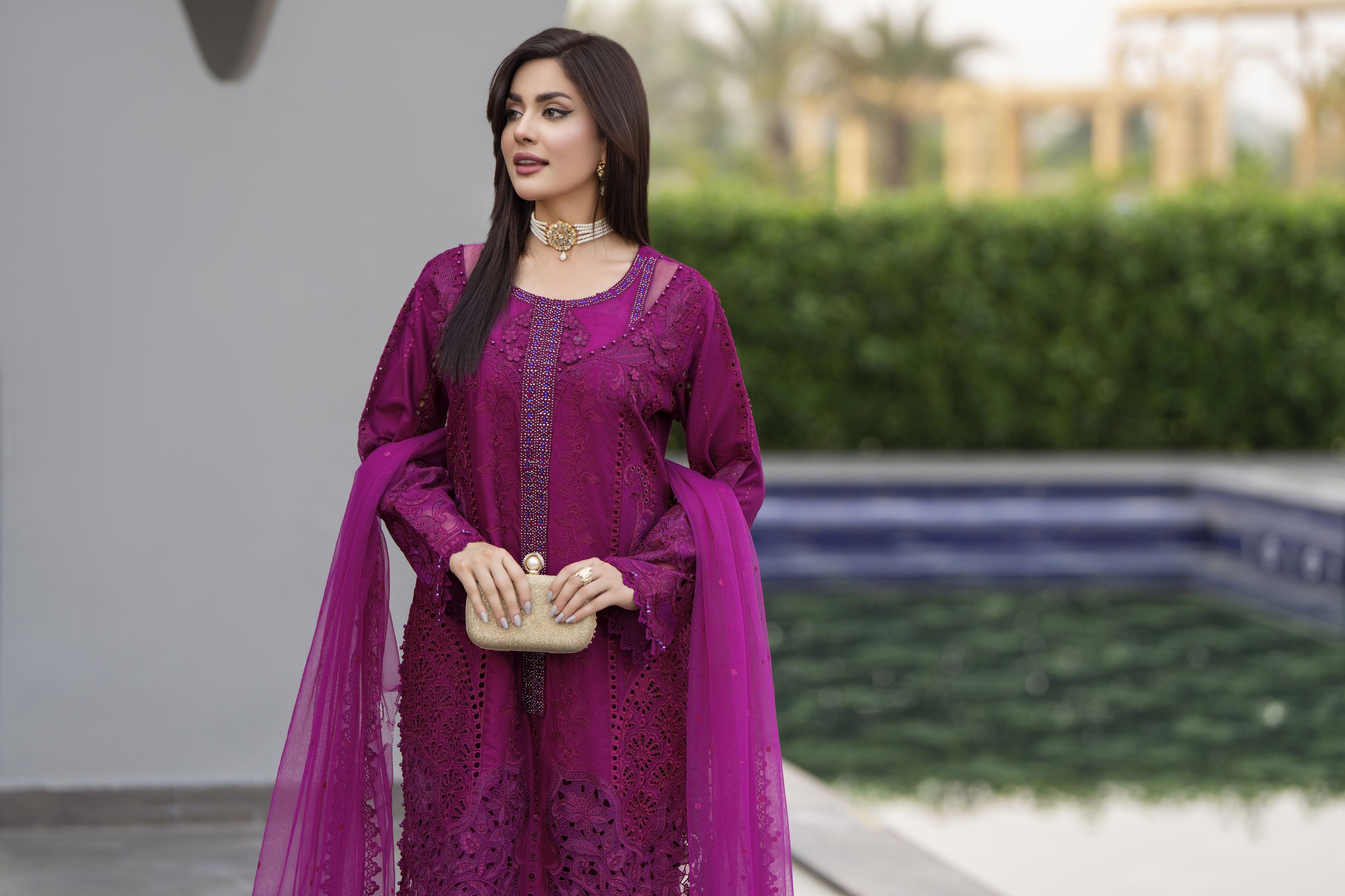 Raabtaa – A Silver Affair | Deep Magenta Designer Womens Eveningwear SRS07