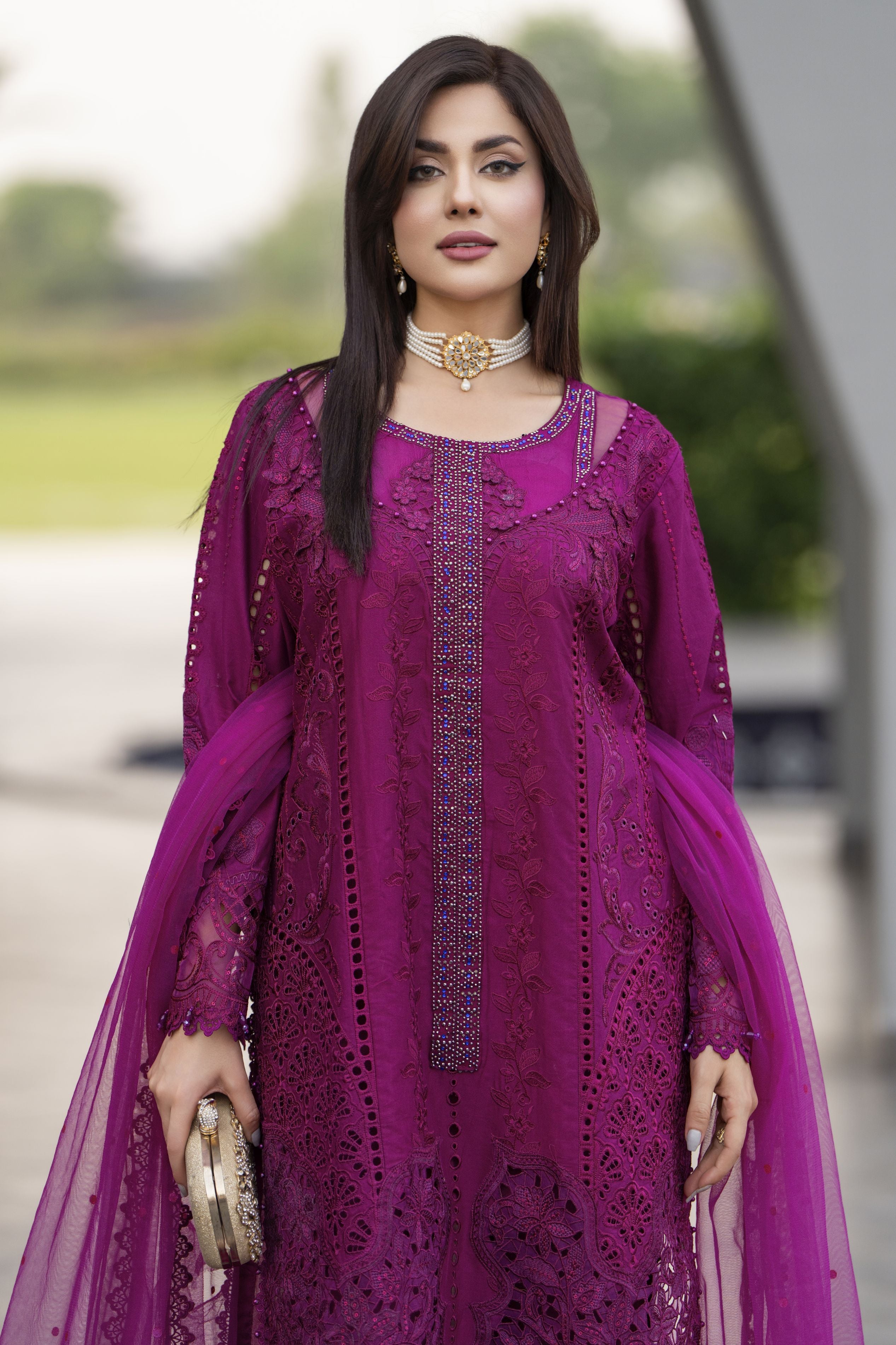 Raabtaa – A Silver Affair | Deep Magenta Designer Womens Eveningwear SRS07