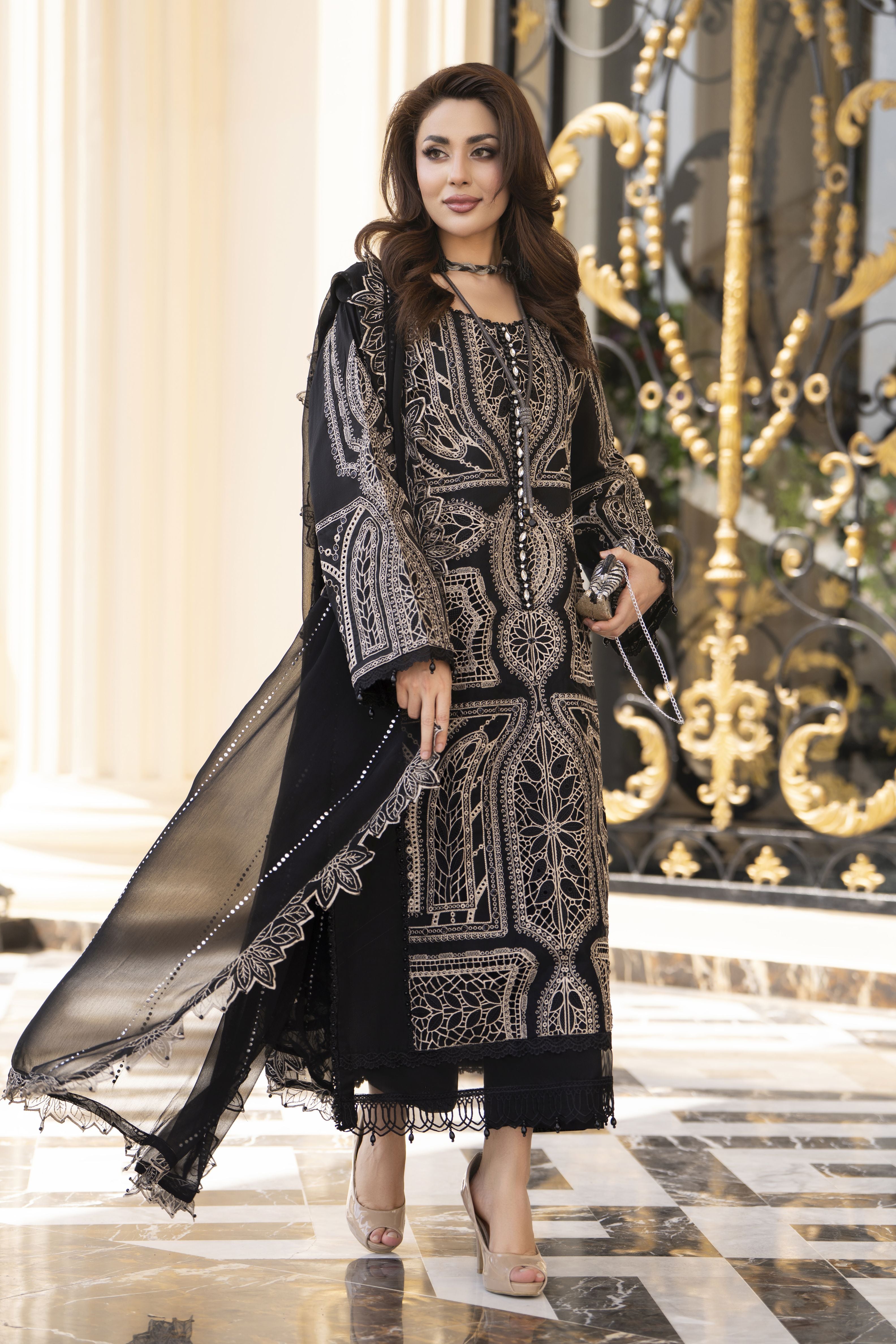 Arwah Aureen AA10 3pc Black Cutwork Luxury Embroidered Cotton Suit