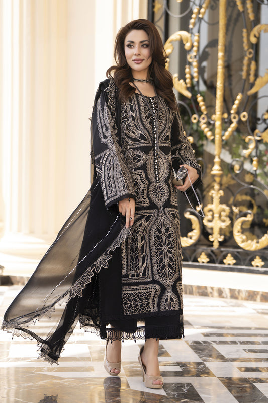 Arwah Aureen AA10 3pc Black Cutwork Luxury Embroidered Cotton Suit