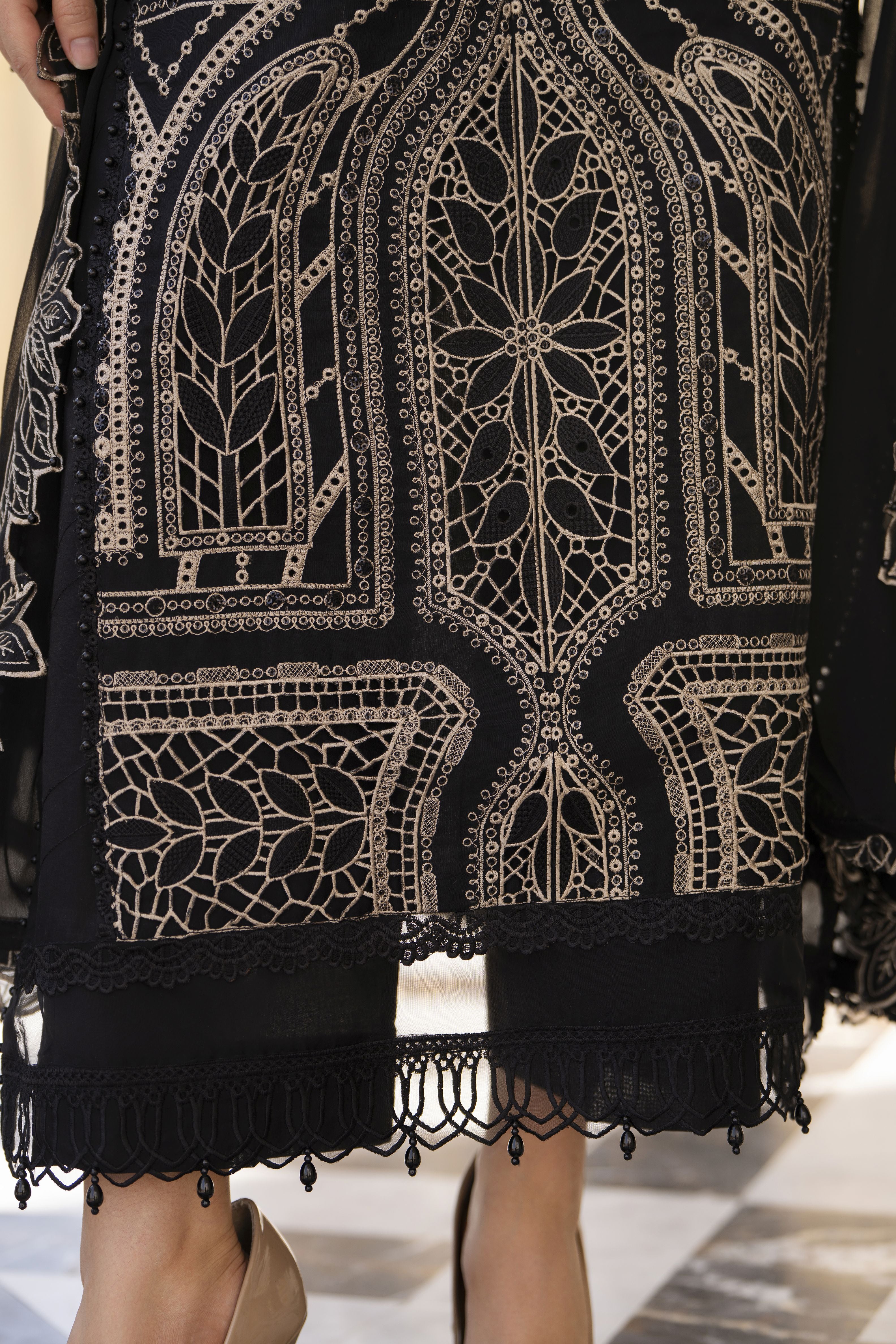 Arwah Aureen AA10 3pc Black Cutwork Luxury Embroidered Cotton Suit