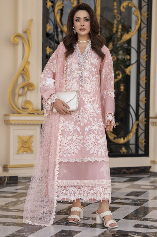 Arwah Aureen AA6 3pc Pink Boring Embroidered Cotton Suit with Net Dupatta