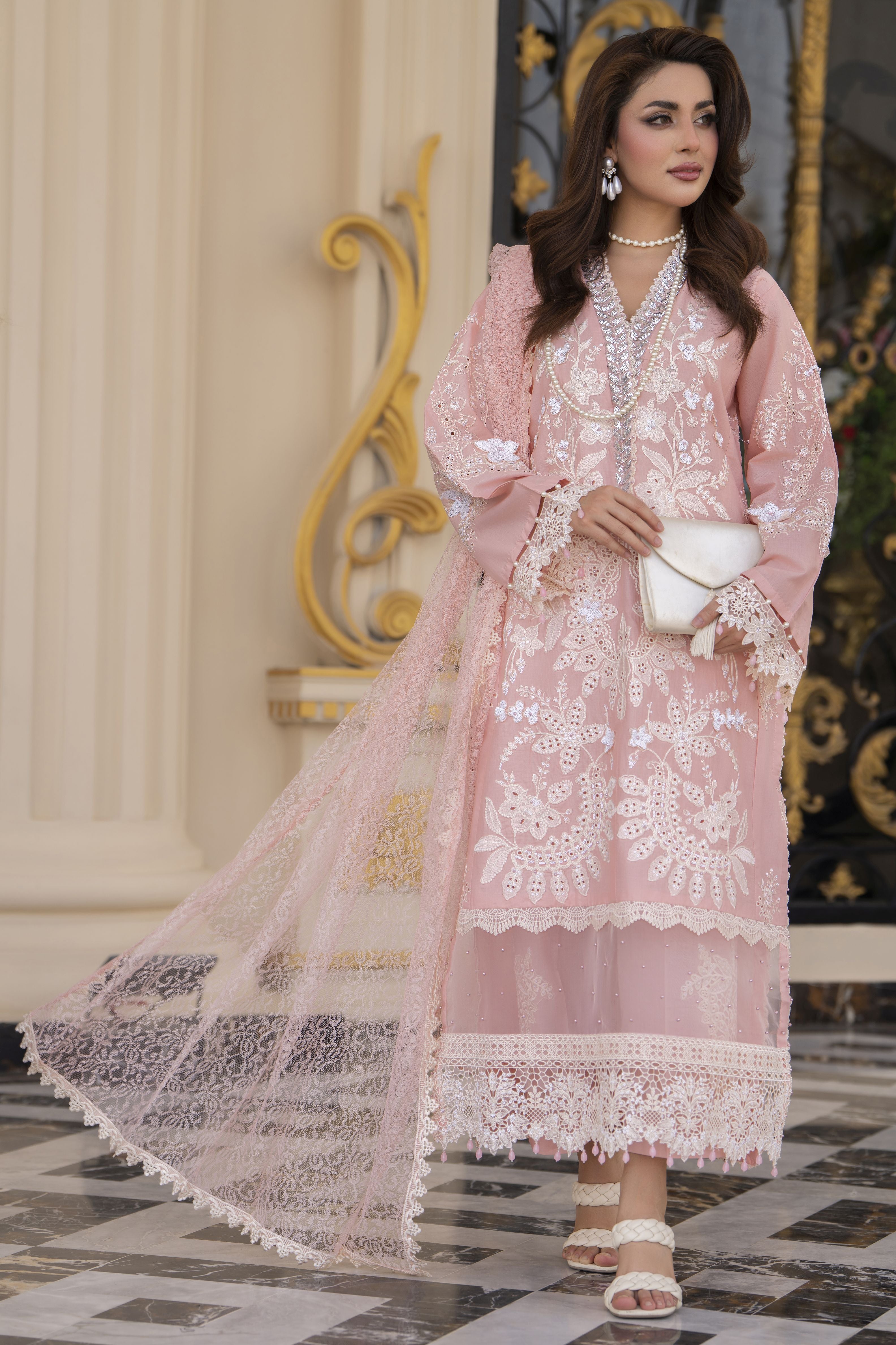 Arwah Aureen AA6 3pc Pink Boring Embroidered Cotton Suit with Net Dupatta