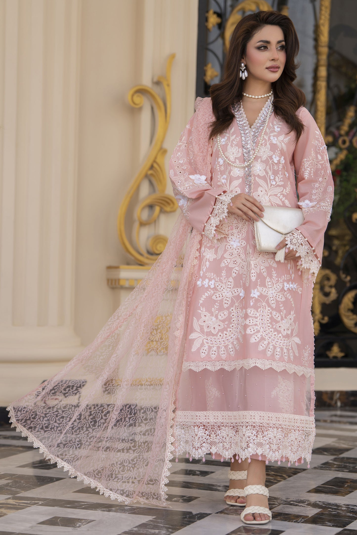 Arwah Aureen AA6 3pc Pink Boring Embroidered Cotton Suit with Net Dupatta