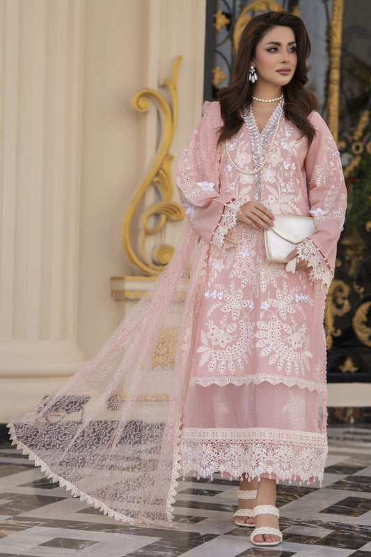Arwah Aureen AA6 3pc Pink Boring Embroidered Cotton Suit with Net Dupatta