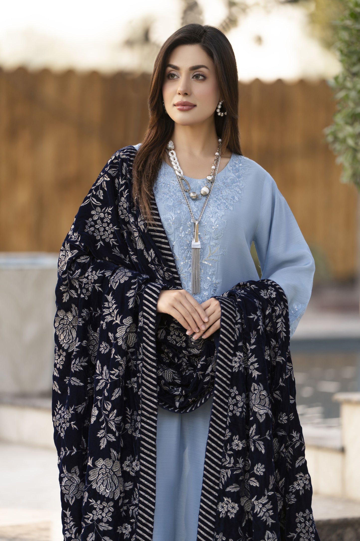 Luxury Embroidered Velvet Shawl for Women – Deep Zinc VS7