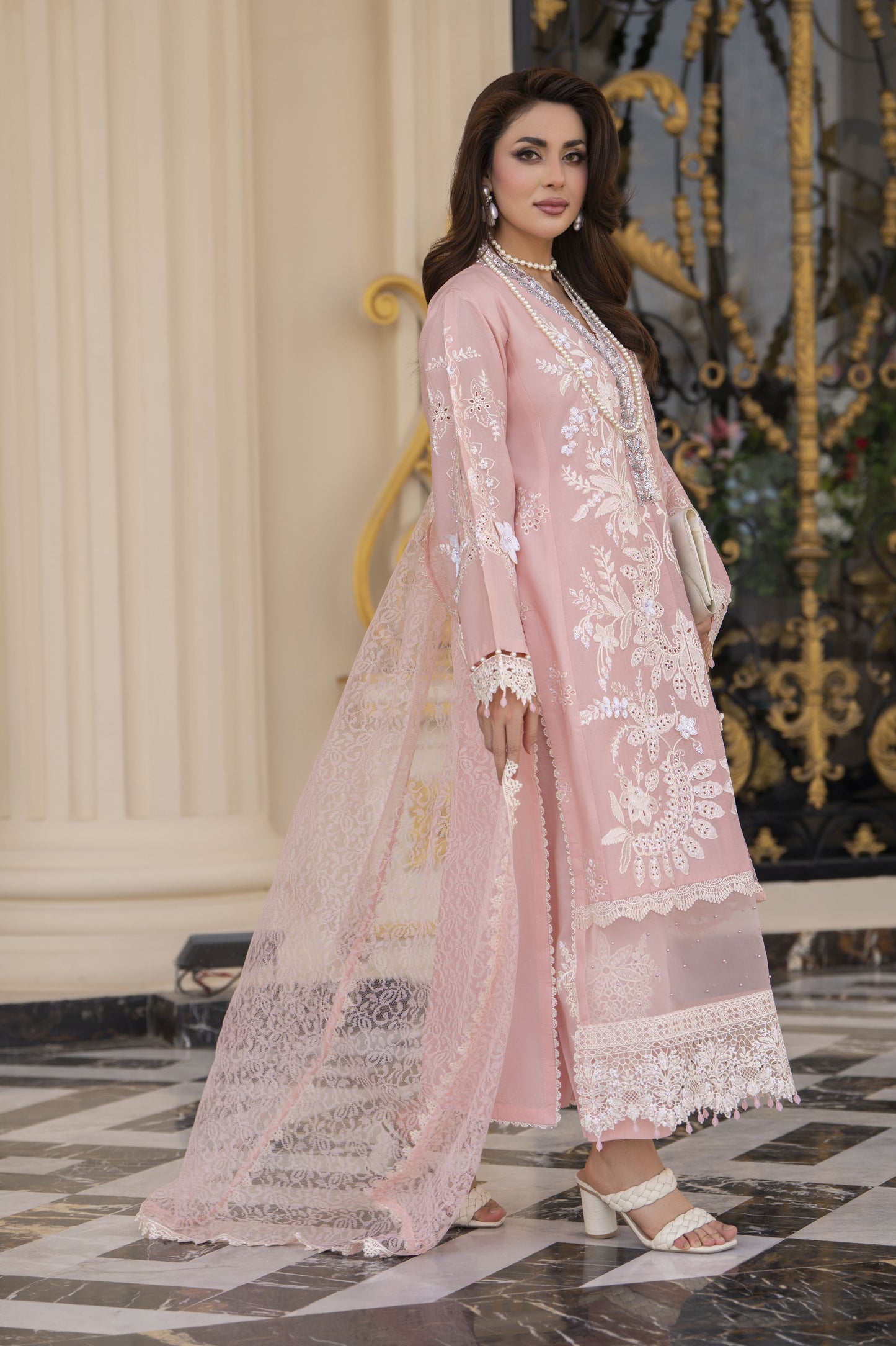Arwah Aureen AA6 3pc Pink Boring Embroidered Cotton Suit with Net Dupatta