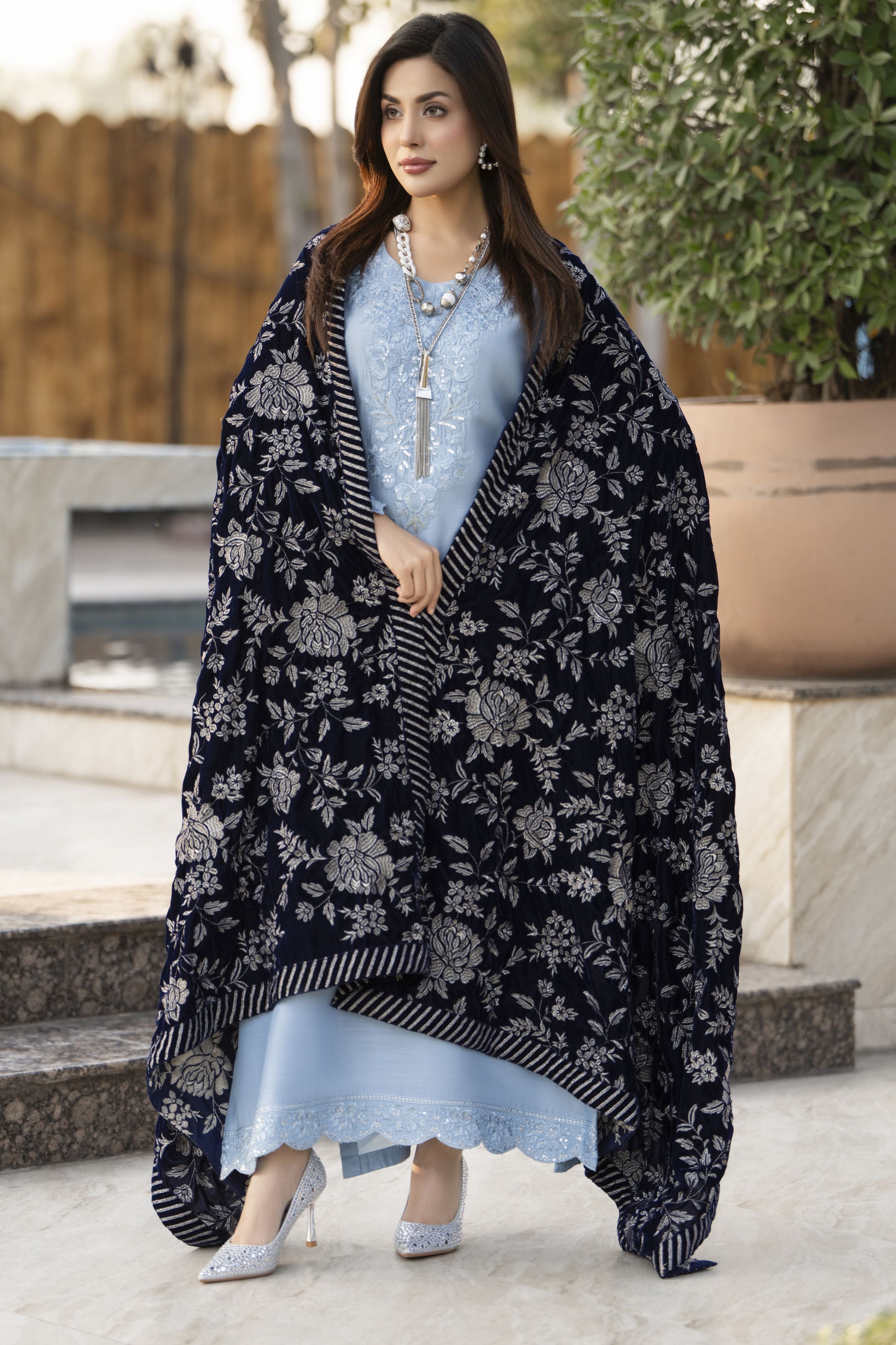 Luxury Embroidered Velvet Shawl for Women – Deep Zinc VS7
