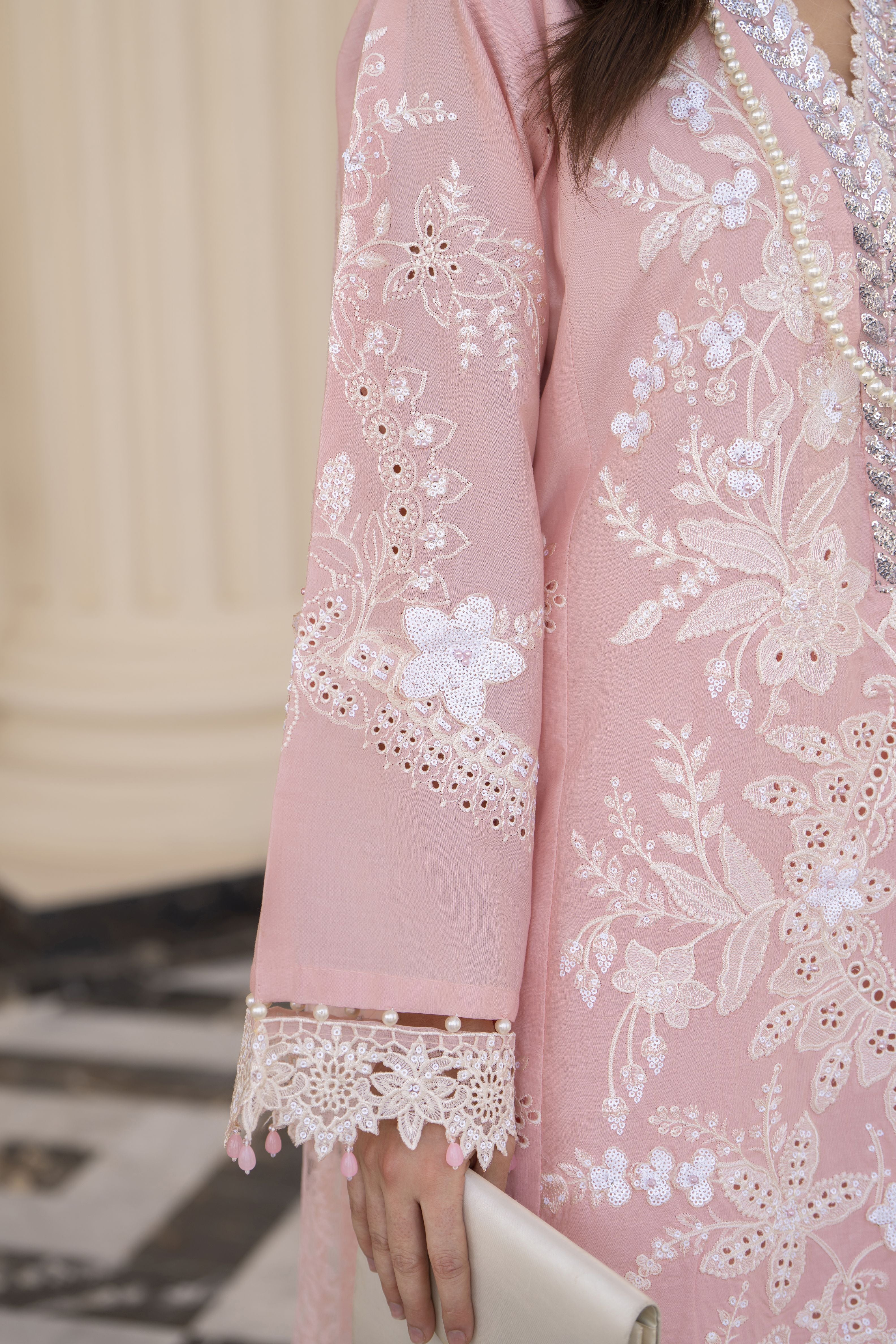 Arwah Aureen AA6 3pc Pink Boring Embroidered Cotton Suit with Net Dupatta