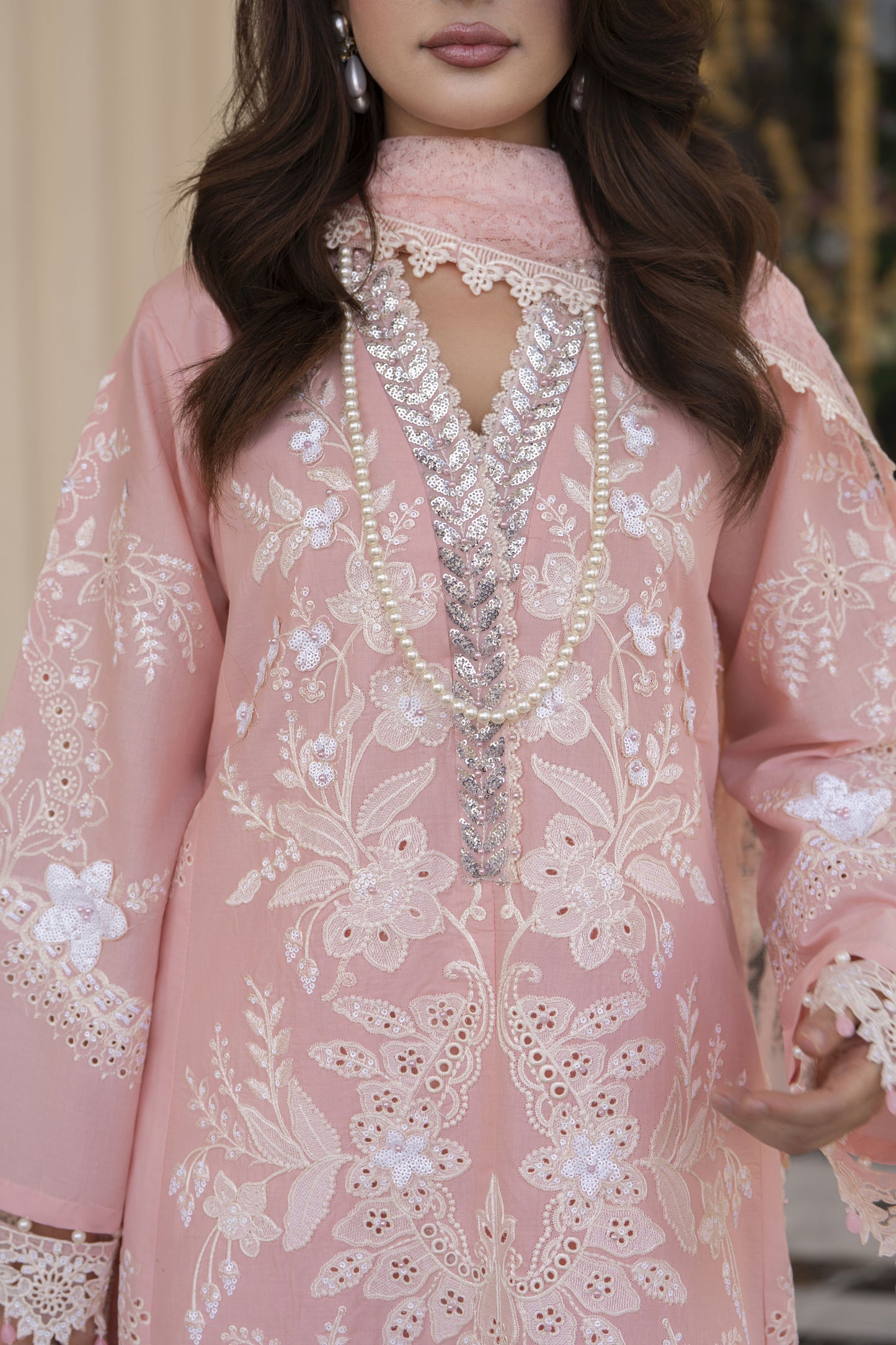 Arwah Aureen AA6 3pc Pink Boring Embroidered Cotton Suit with Net Dupatta