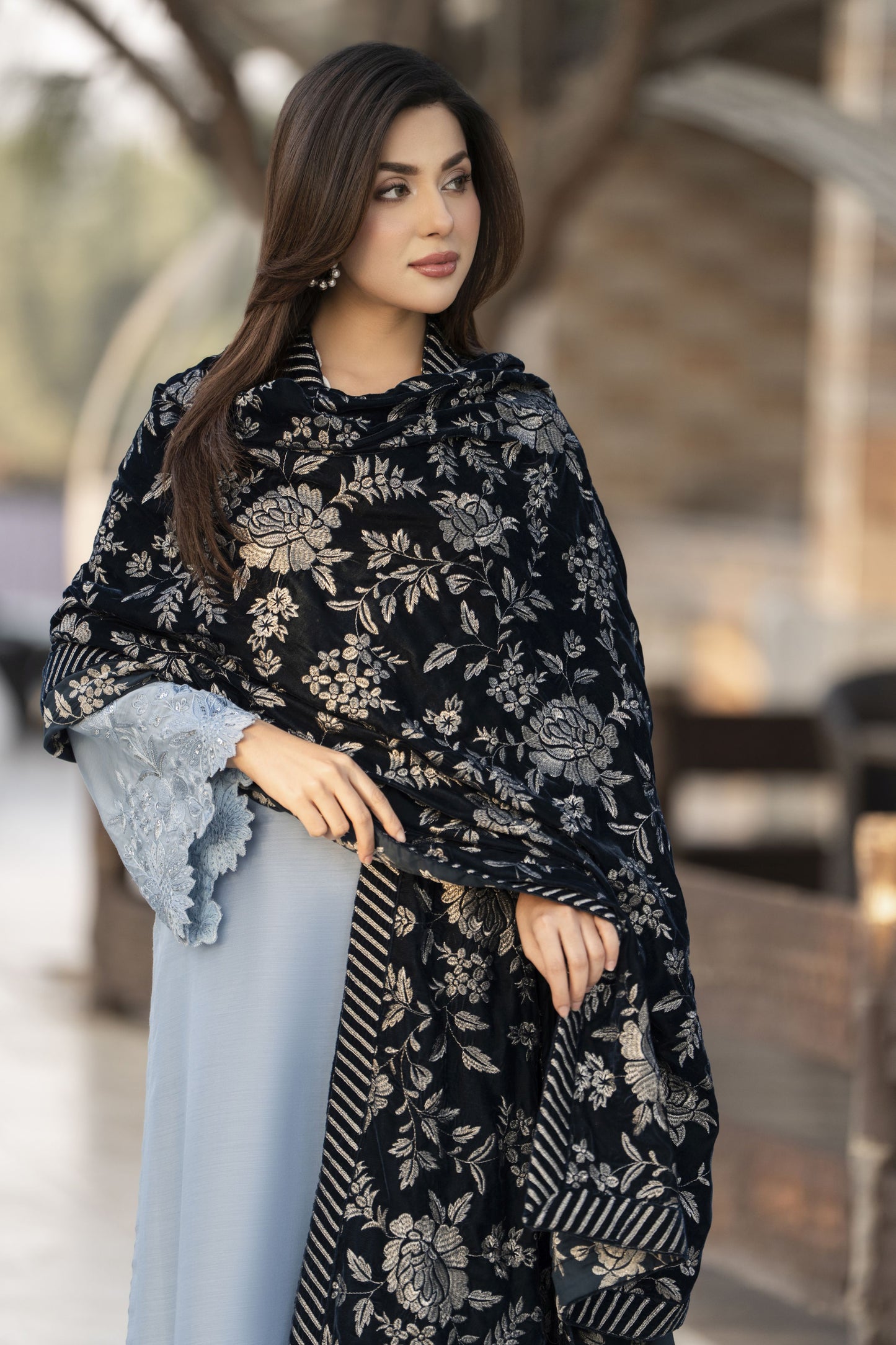 Luxury Embroidered Velvet Shawl for Women – Deep Zinc VS7