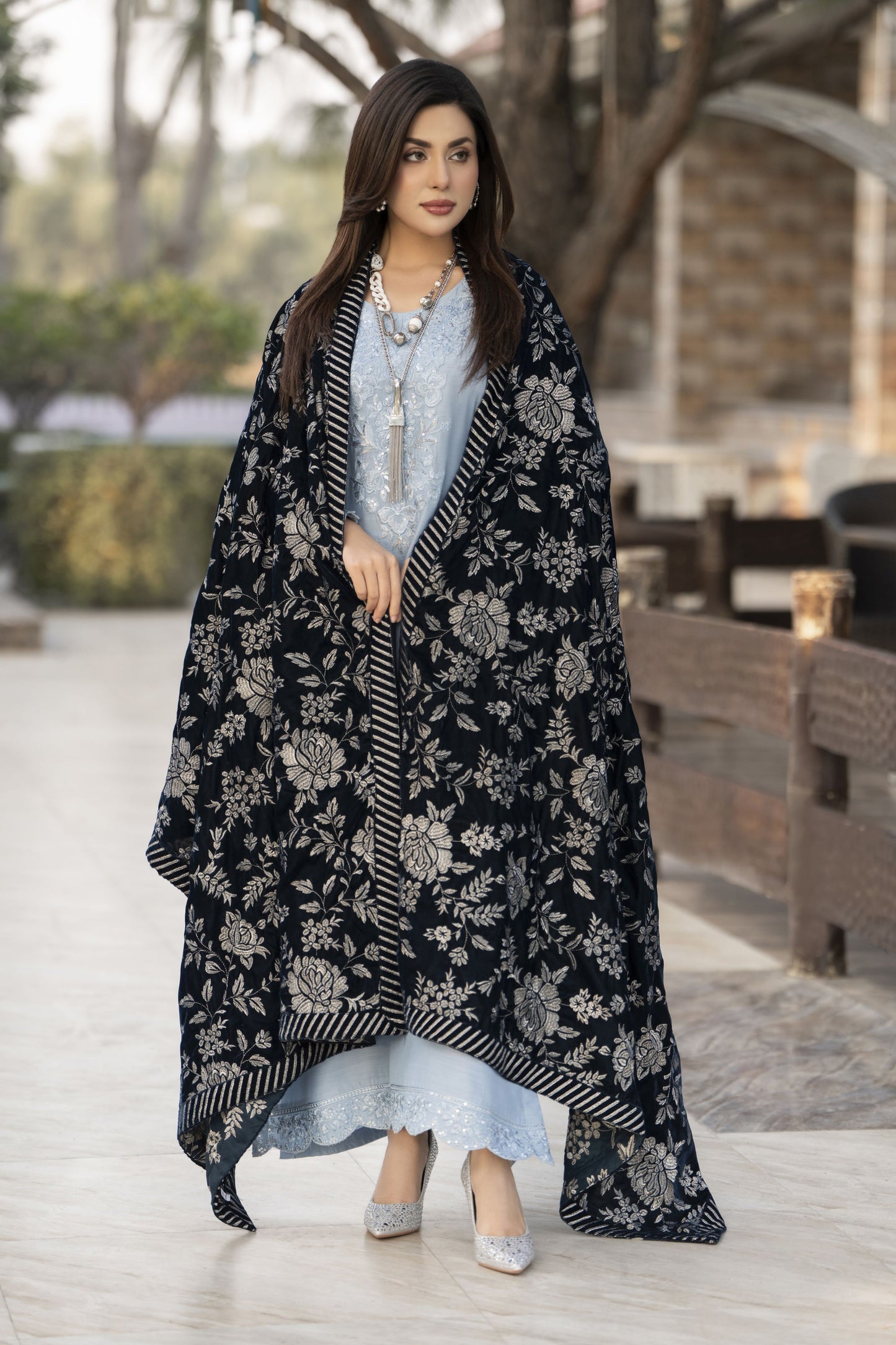 Luxury Embroidered Velvet Shawl for Women – Deep Zinc VS7