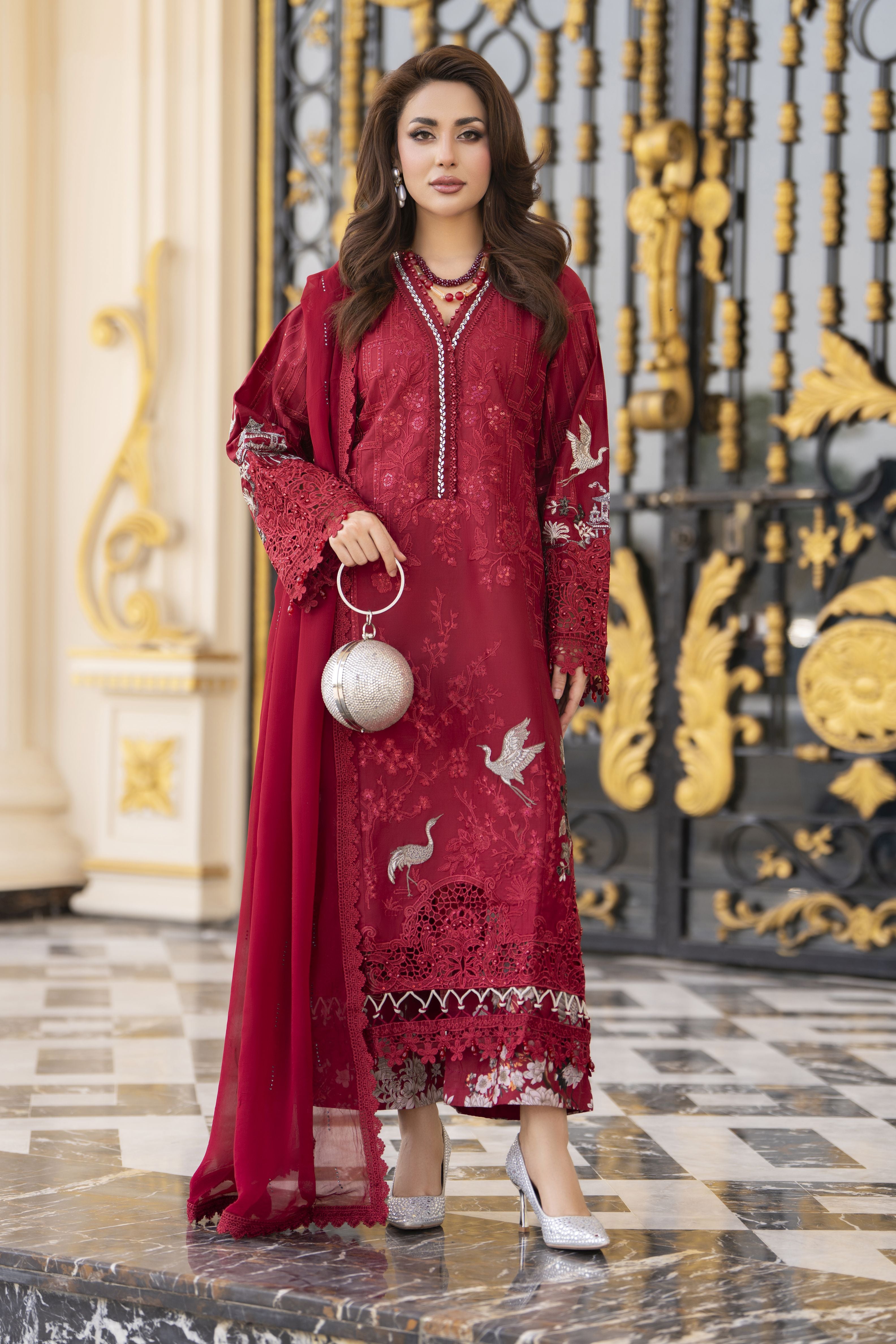 Arwah Aureen AA8 3pc Maroon Embroidered Cotton Long Suit with Chiffon Dupatta