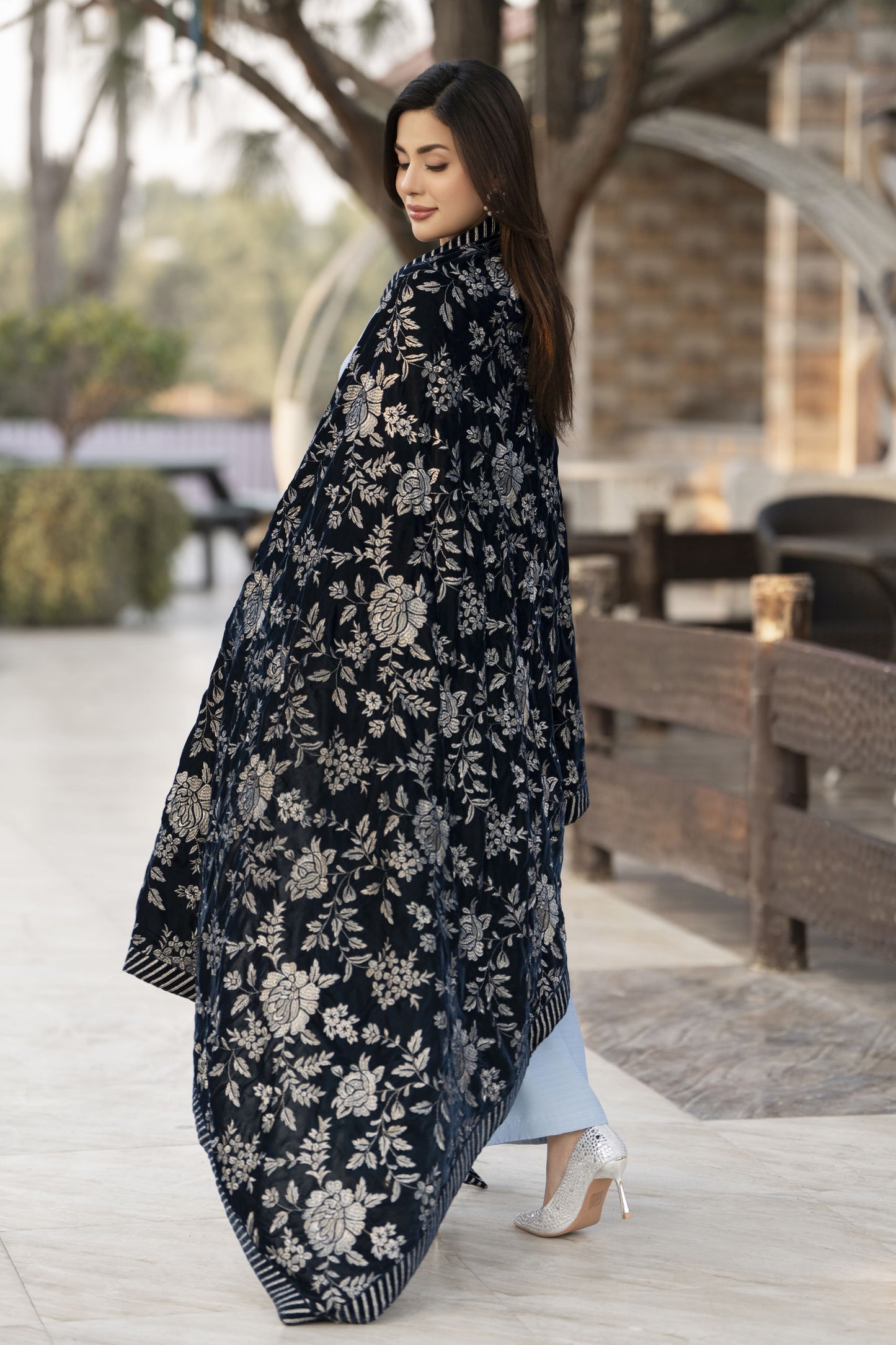Luxury Embroidered Velvet Shawl for Women – Deep Zinc VS7