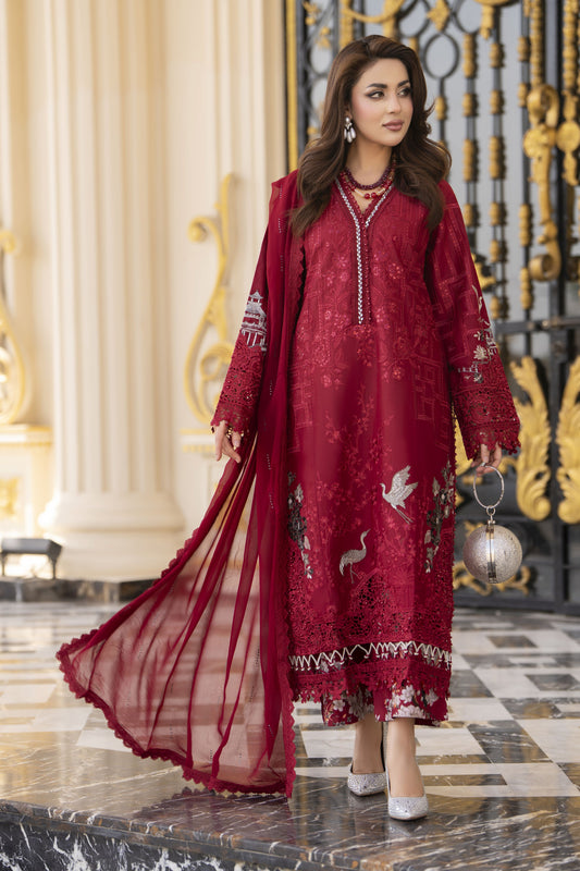 Arwah Aureen AA8 3pc Maroon Embroidered Cotton Long Suit with Chiffon Dupatta