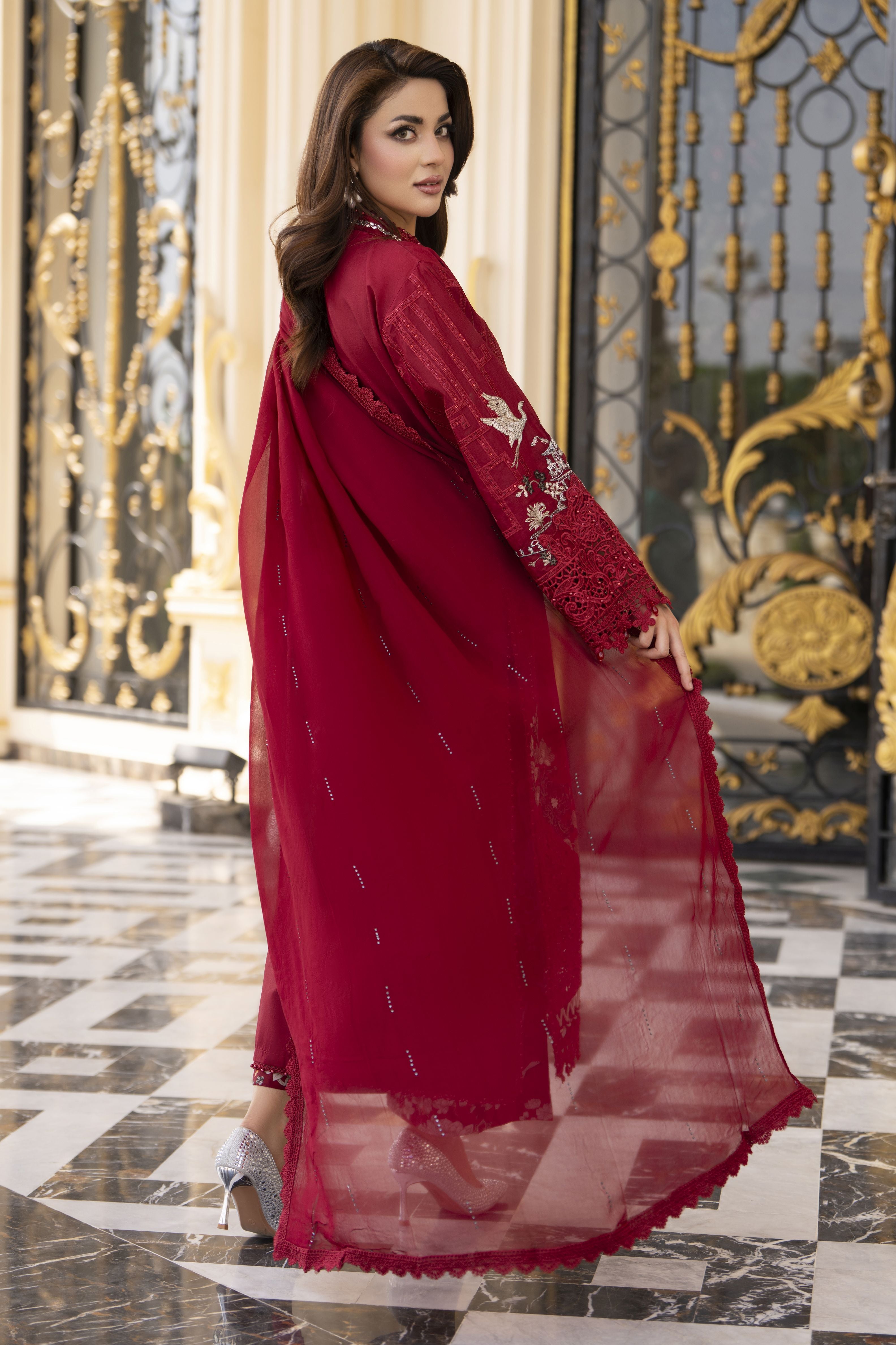 Arwah Aureen AA8 3pc Maroon Embroidered Cotton Long Suit with Chiffon Dupatta