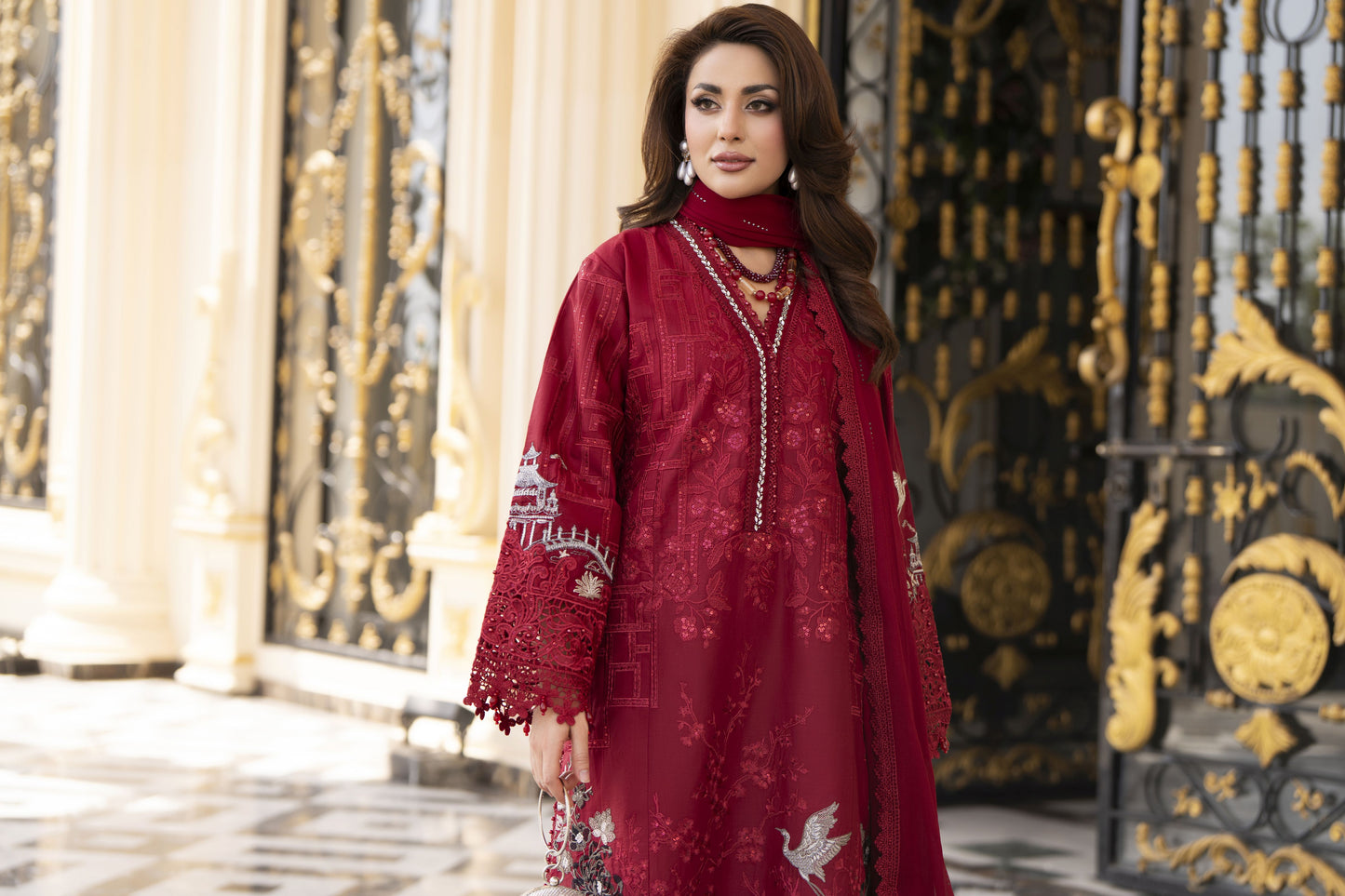 Arwah Aureen AA8 3pc Maroon Embroidered Cotton Long Suit with Chiffon Dupatta