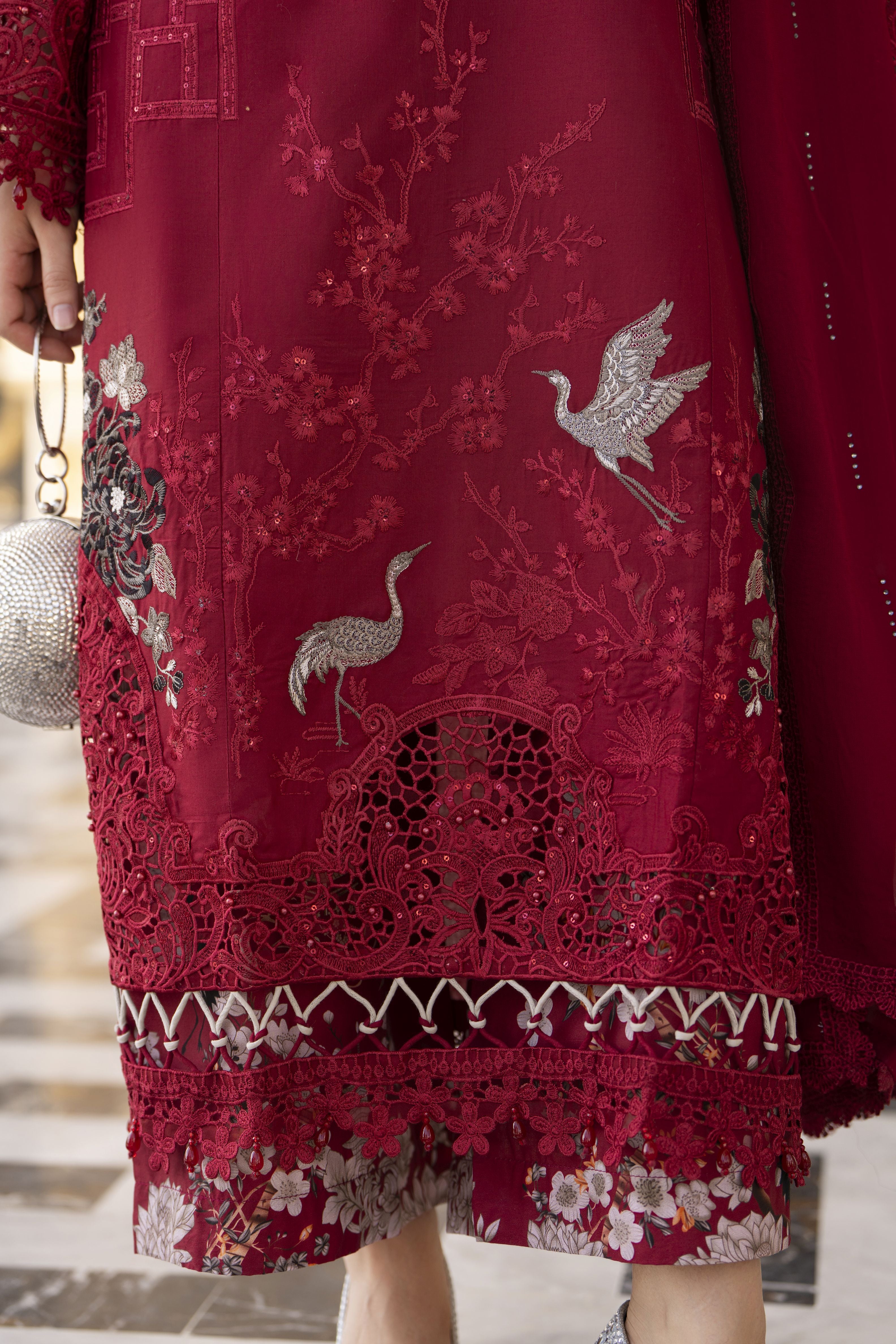 Arwah Aureen AA8 3pc Maroon Embroidered Cotton Long Suit with Chiffon Dupatta