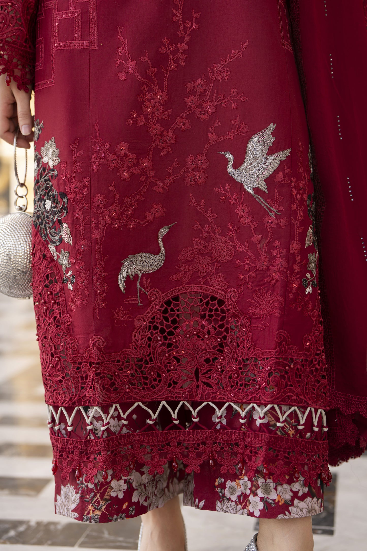 Arwah Aureen AA8 3pc Maroon Embroidered Cotton Long Suit with Chiffon Dupatta