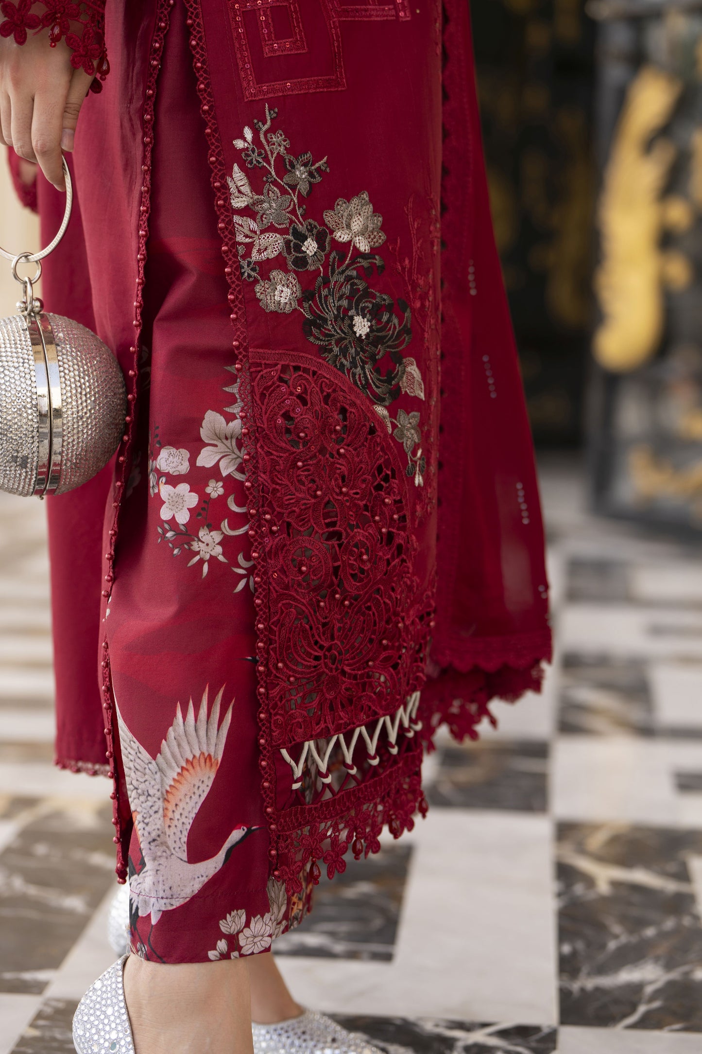 Arwah Aureen AA8 3pc Maroon Embroidered Cotton Long Suit with Chiffon Dupatta