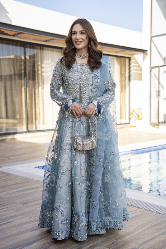 Zaiwaraat by Arwah – Blue Embroidered Organza Frock with Zarri Lehenga – ZWR13