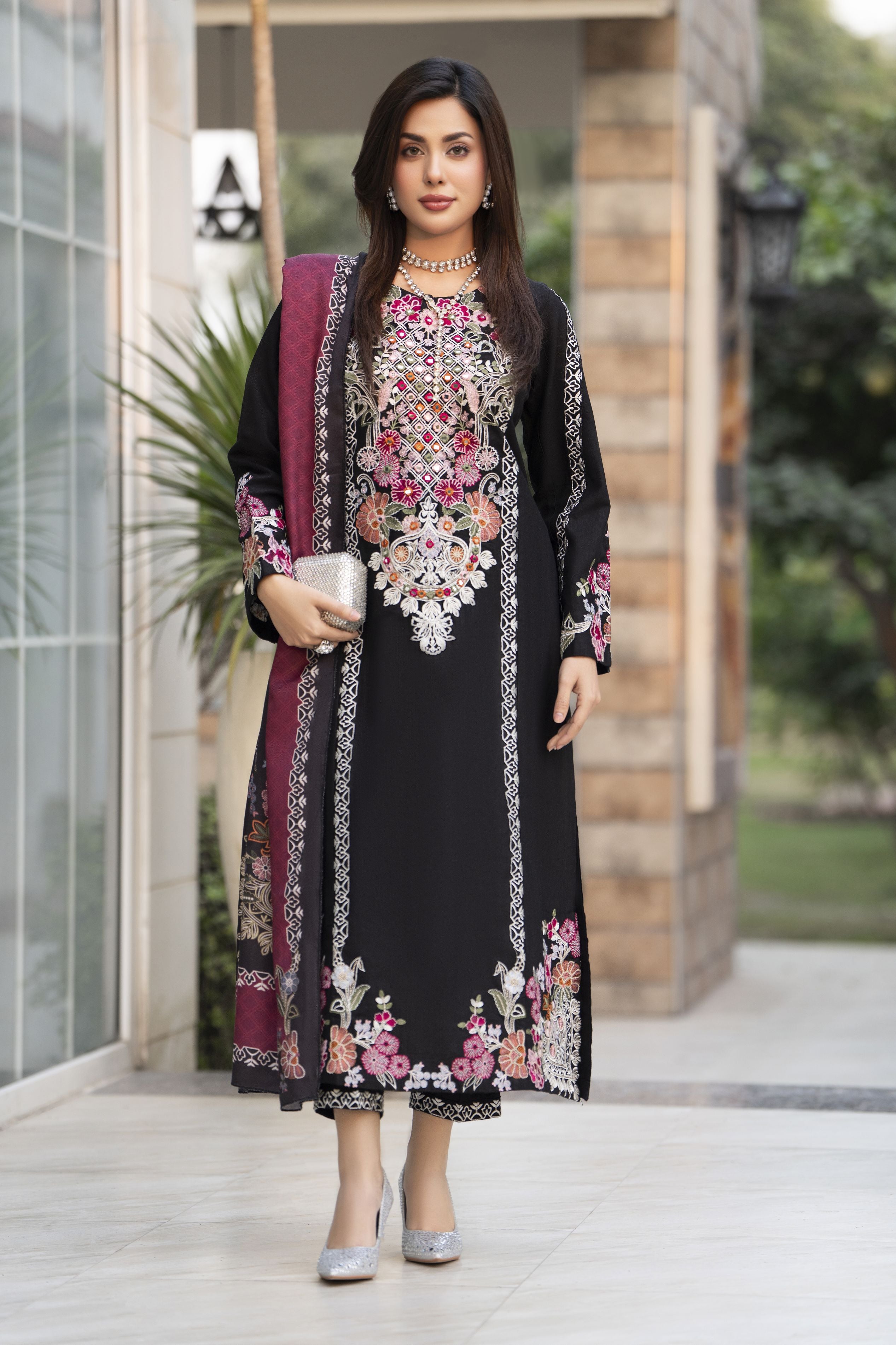 Zaiwa 3pc Khaddar Embroidered Long Shirt Suit with Printed Shawl ZWL14