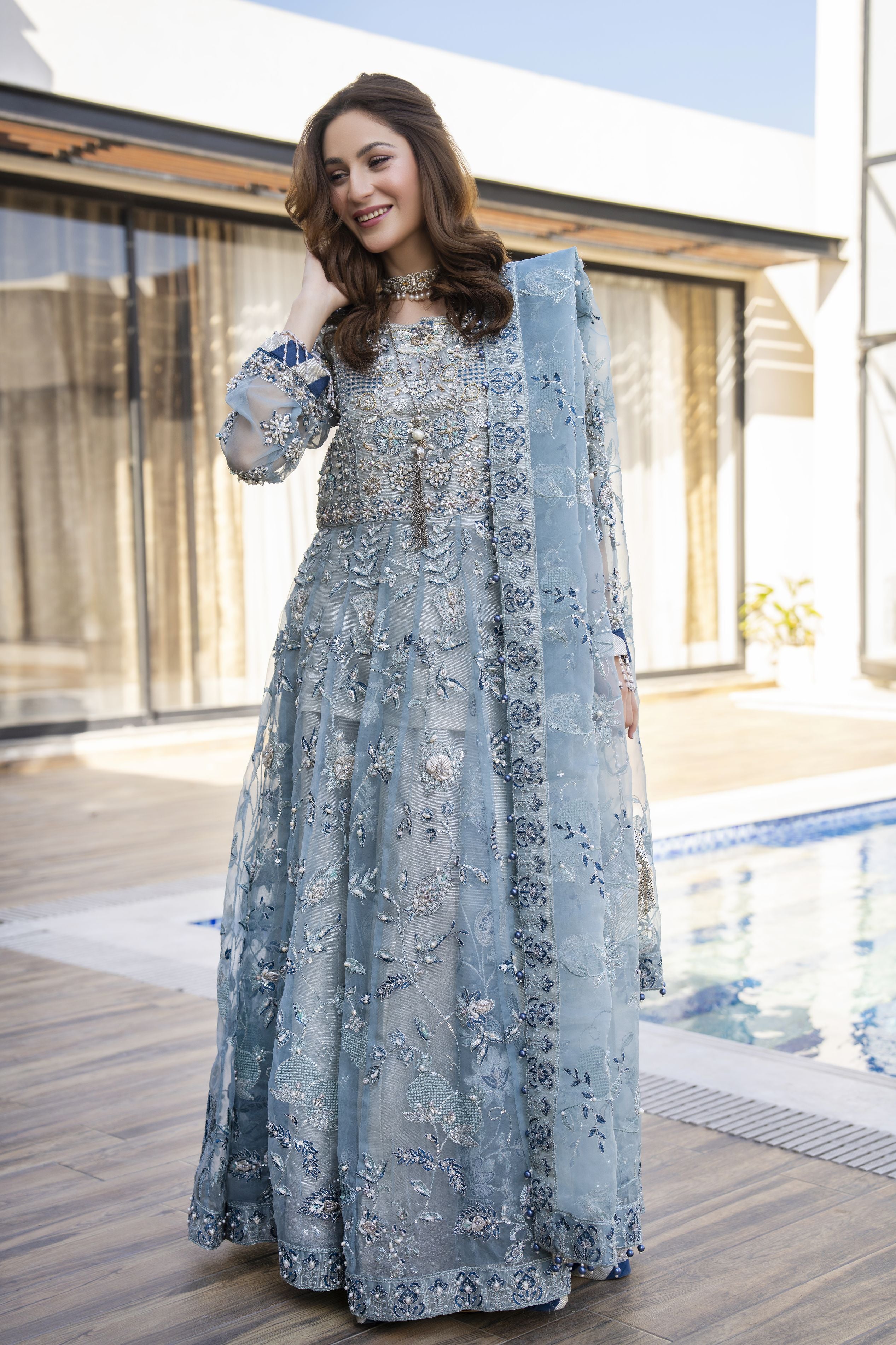 Zaiwaraat by Arwah – Blue Embroidered Organza Frock with Zarri Lehenga – ZWR13