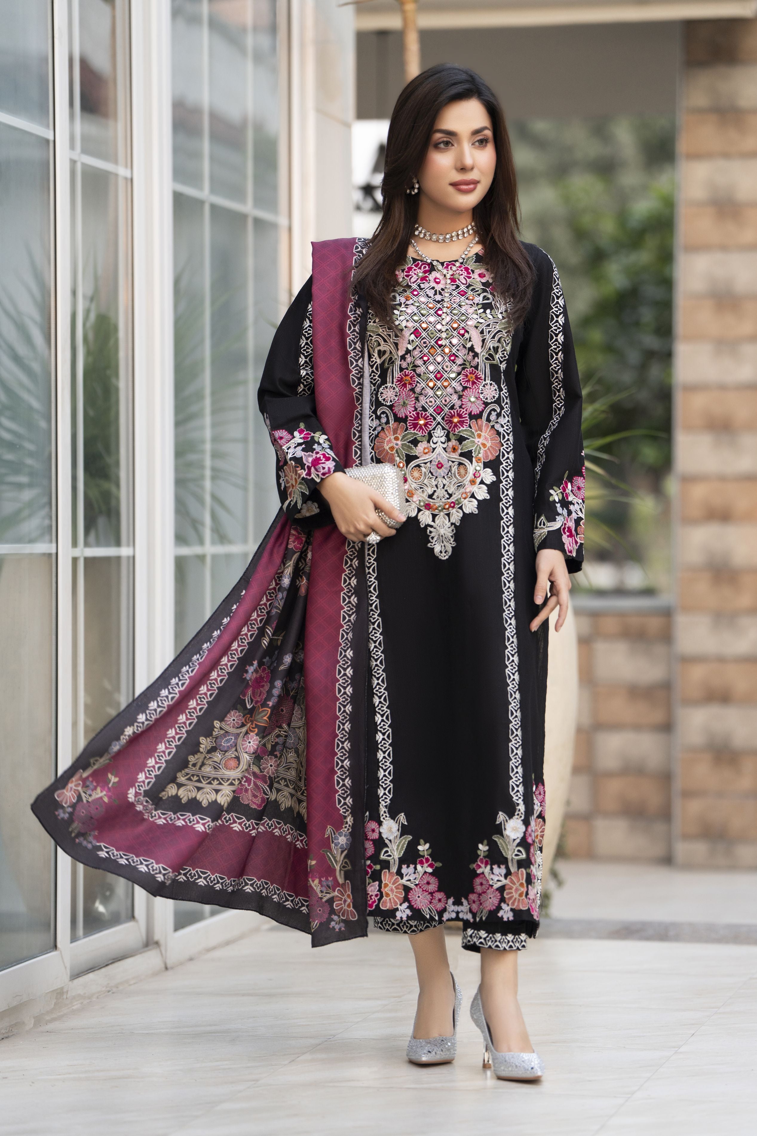 Zaiwa 3pc Khaddar Embroidered Long Shirt Suit with Printed Shawl ZWL14
