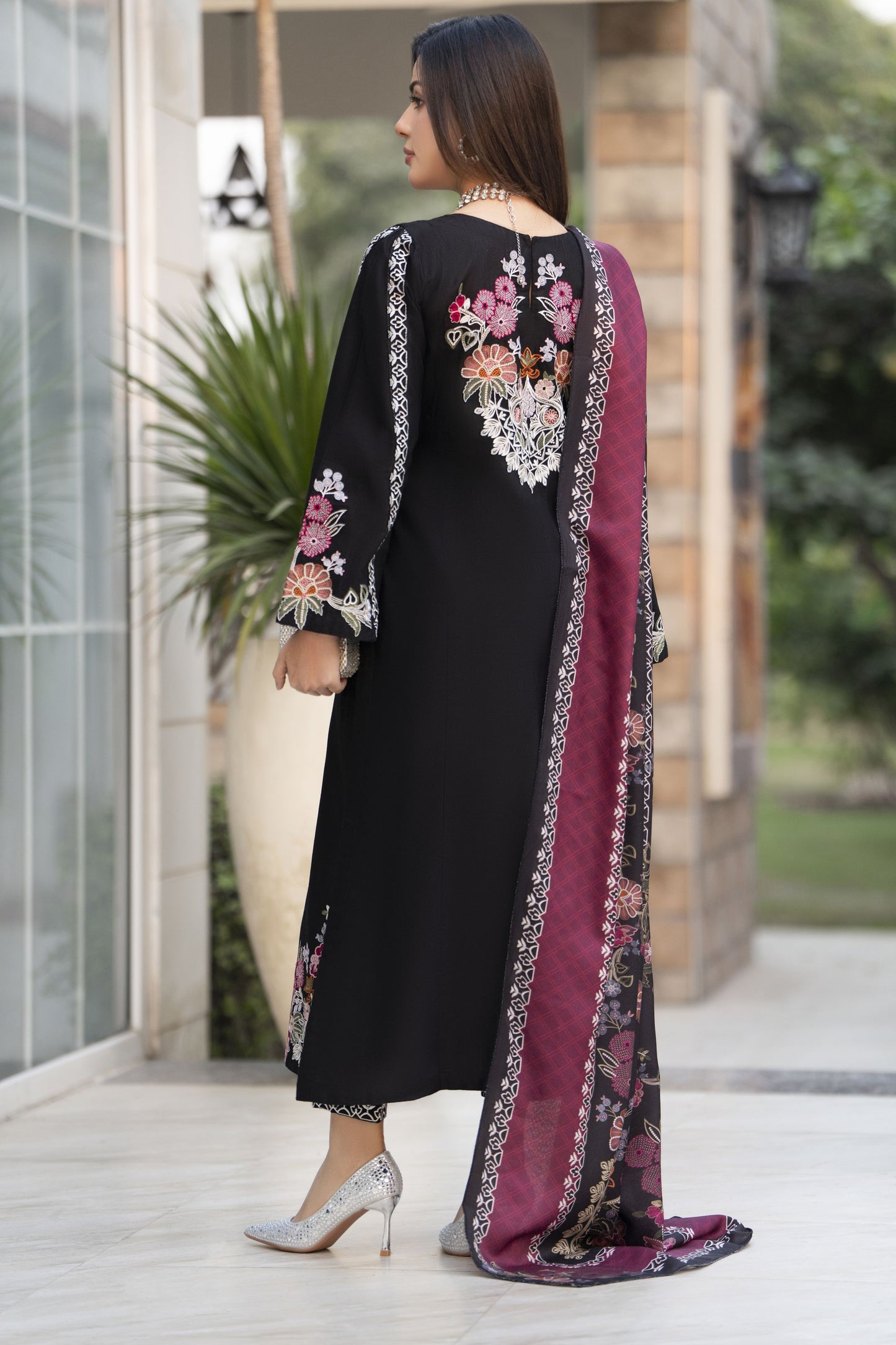 Zaiwa 3pc Khaddar Embroidered Long Shirt Suit with Printed Shawl ZWL14
