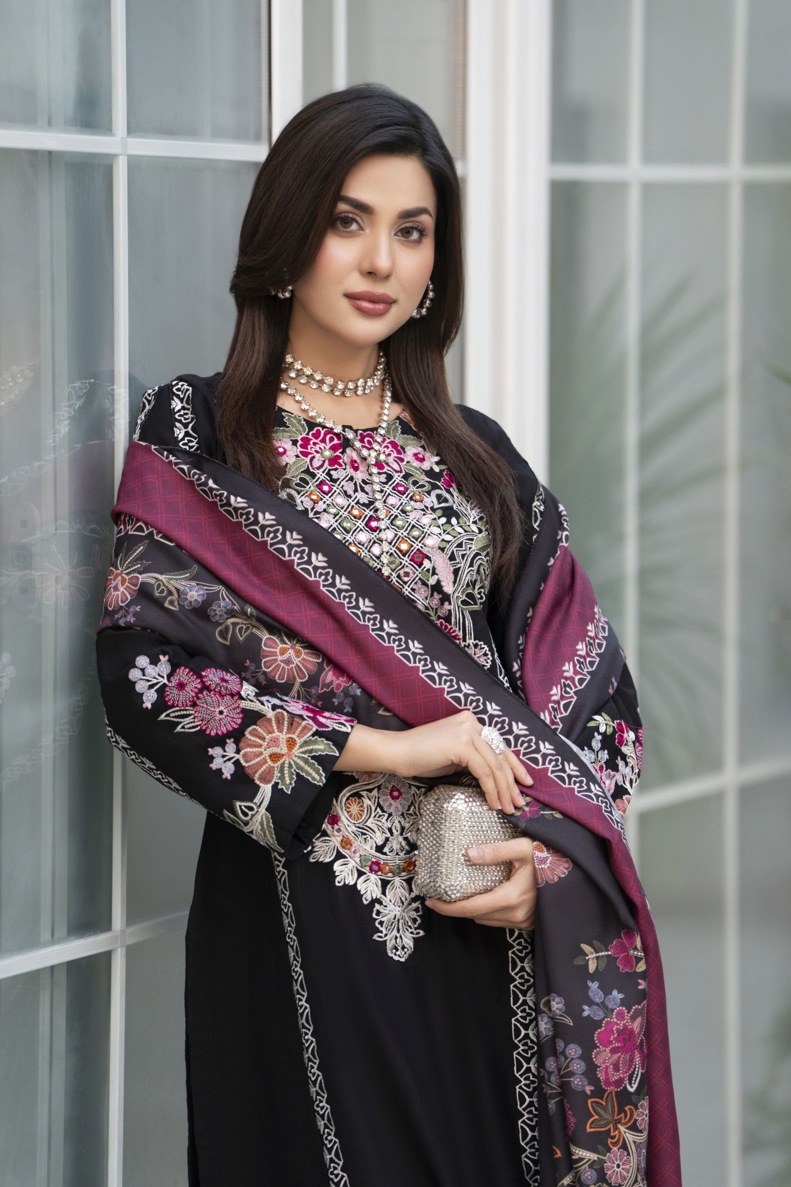 Zaiwa 3pc Khaddar Embroidered Long Shirt Suit with Printed Shawl ZWL14