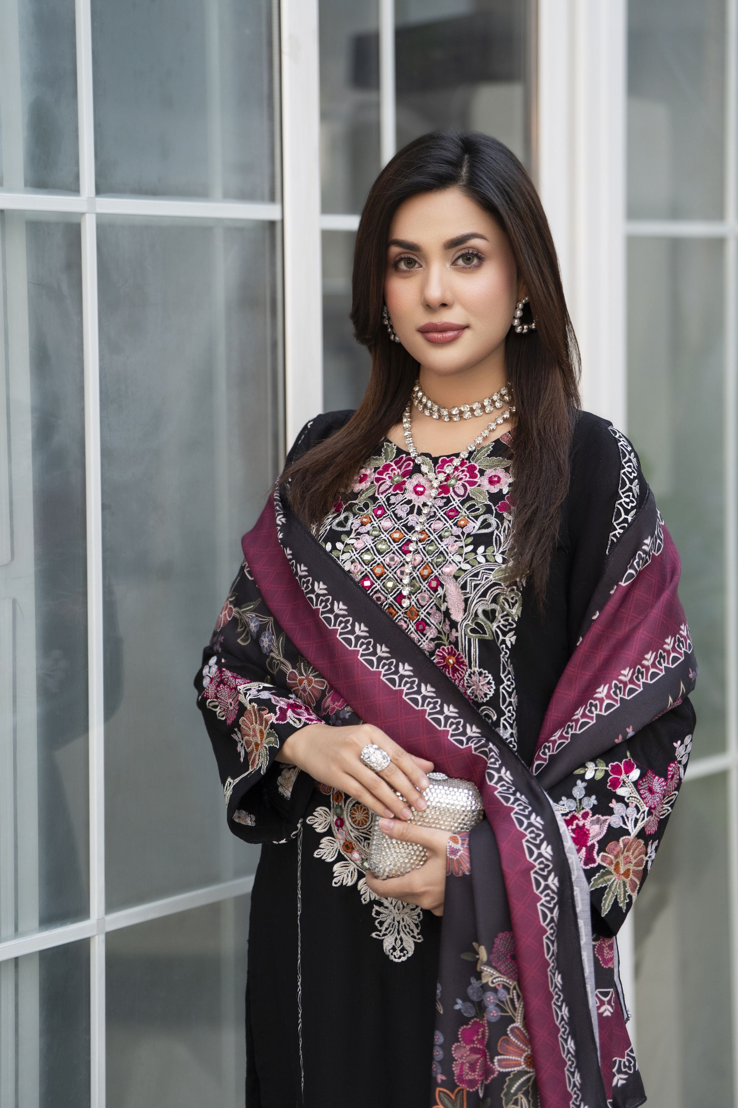 Zaiwa 3pc Khaddar Embroidered Long Shirt Suit with Printed Shawl ZWL14