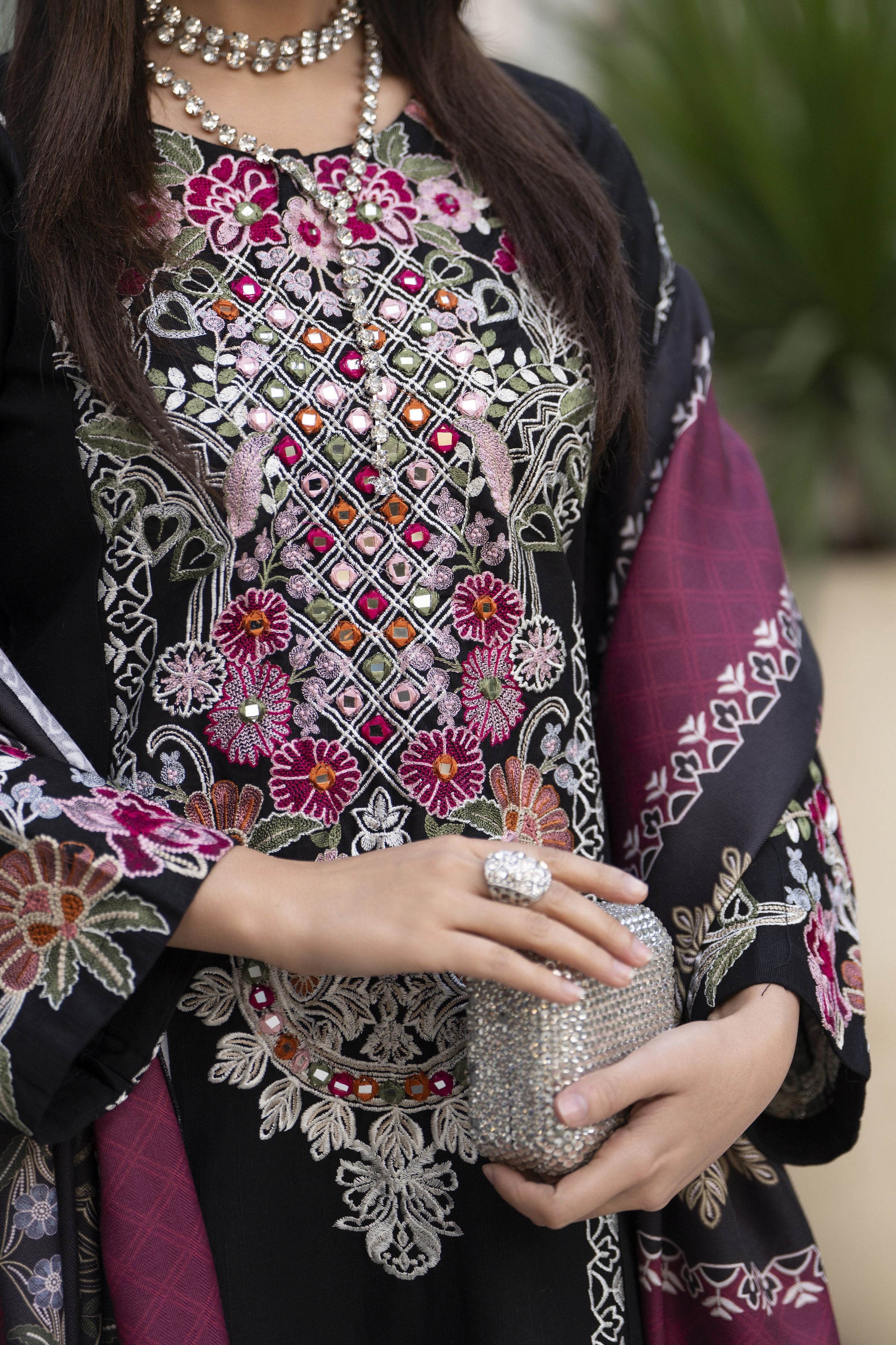 Zaiwa 3pc Khaddar Embroidered Long Shirt Suit with Printed Shawl ZWL14