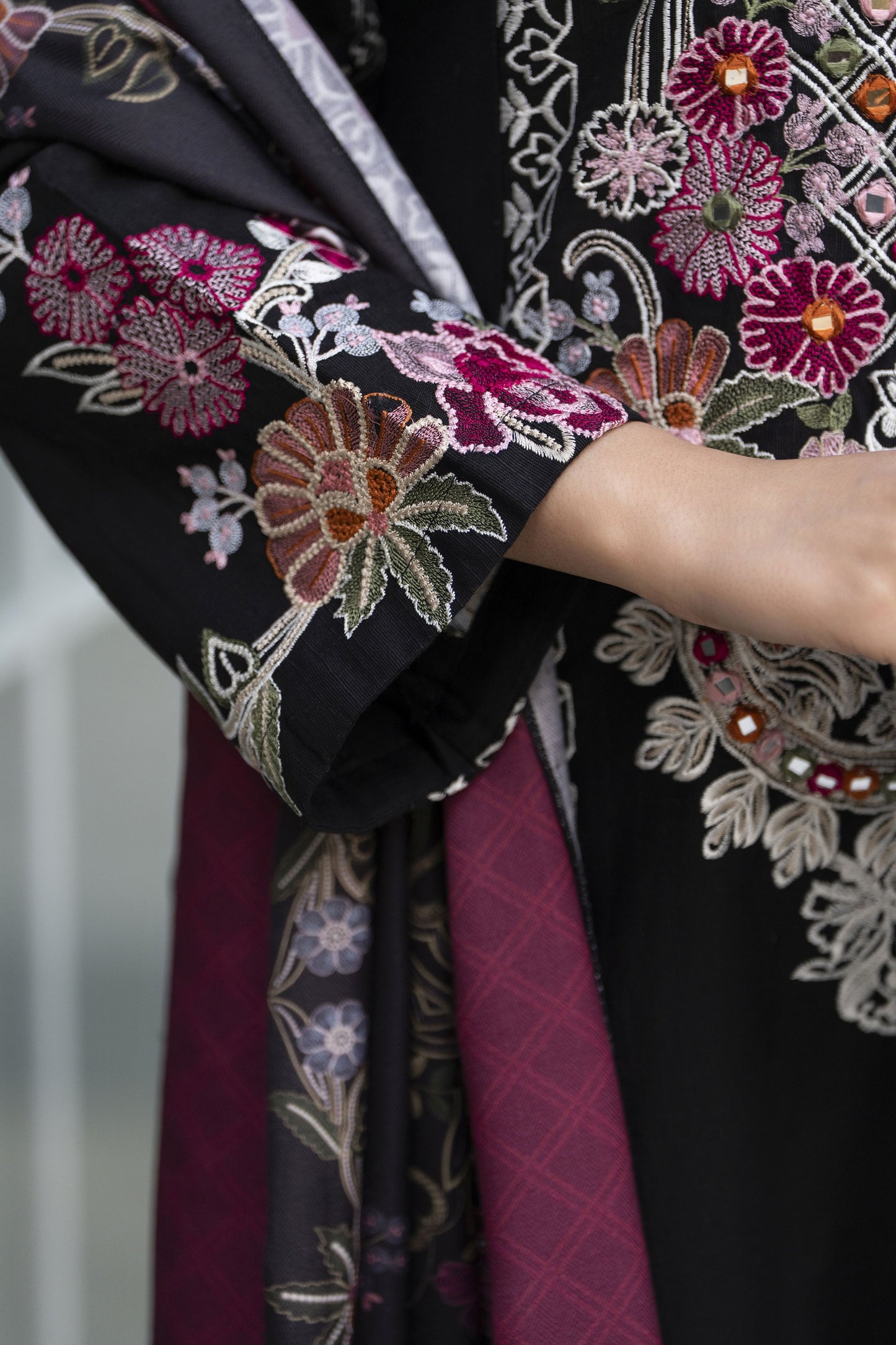 Zaiwa 3pc Khaddar Embroidered Long Shirt Suit with Printed Shawl ZWL14