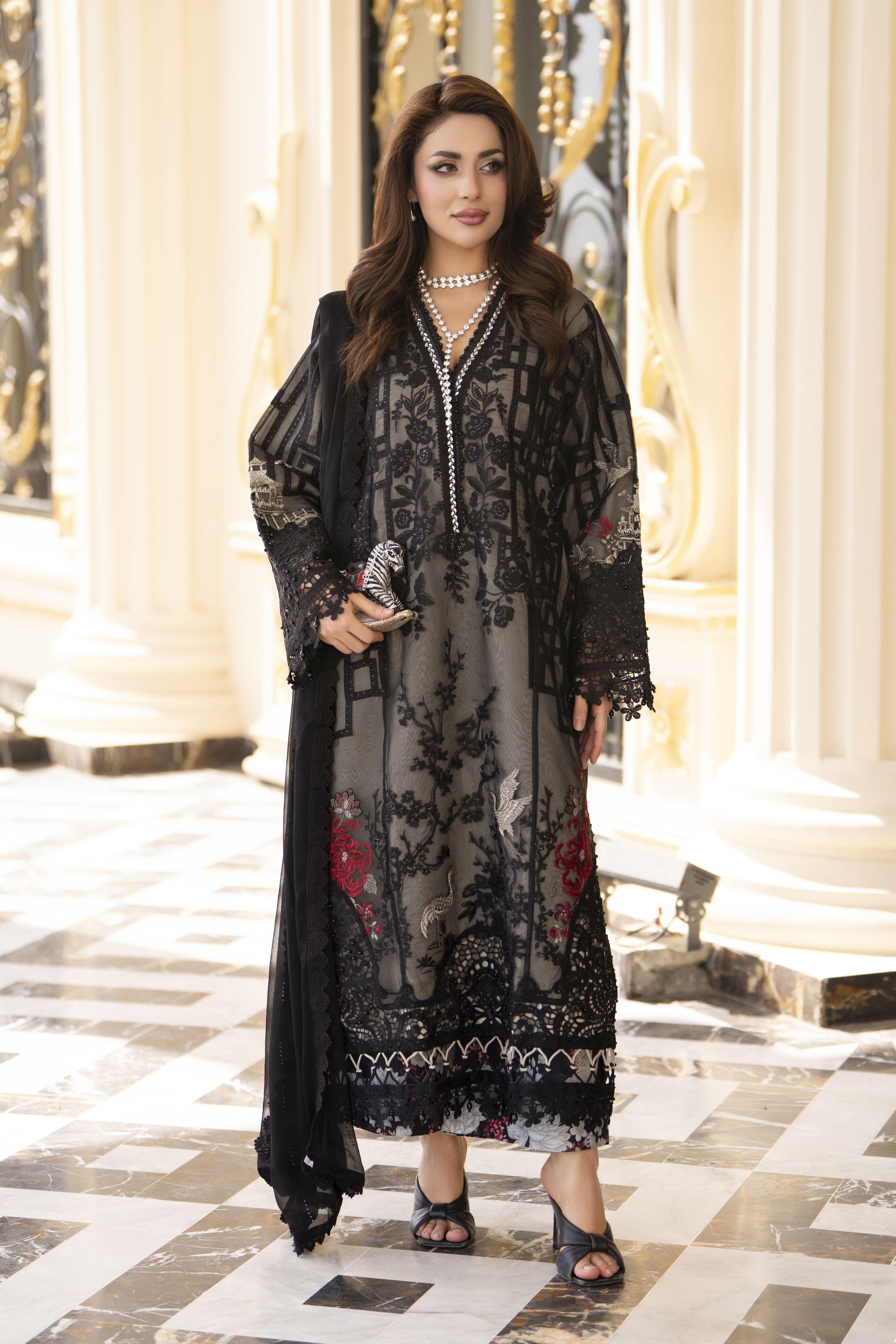 Arwah Aureen AA7 3pc Black Embroidered Suit with Chiffon Diamante Dupatta