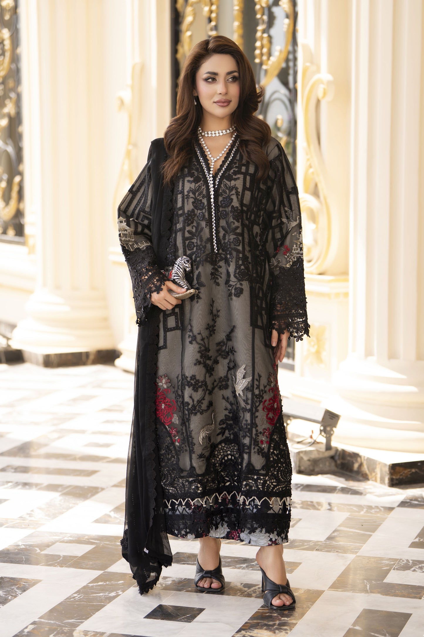 Arwah Aureen AA7 3pc Black Embroidered Suit with Chiffon Diamante Dupatta