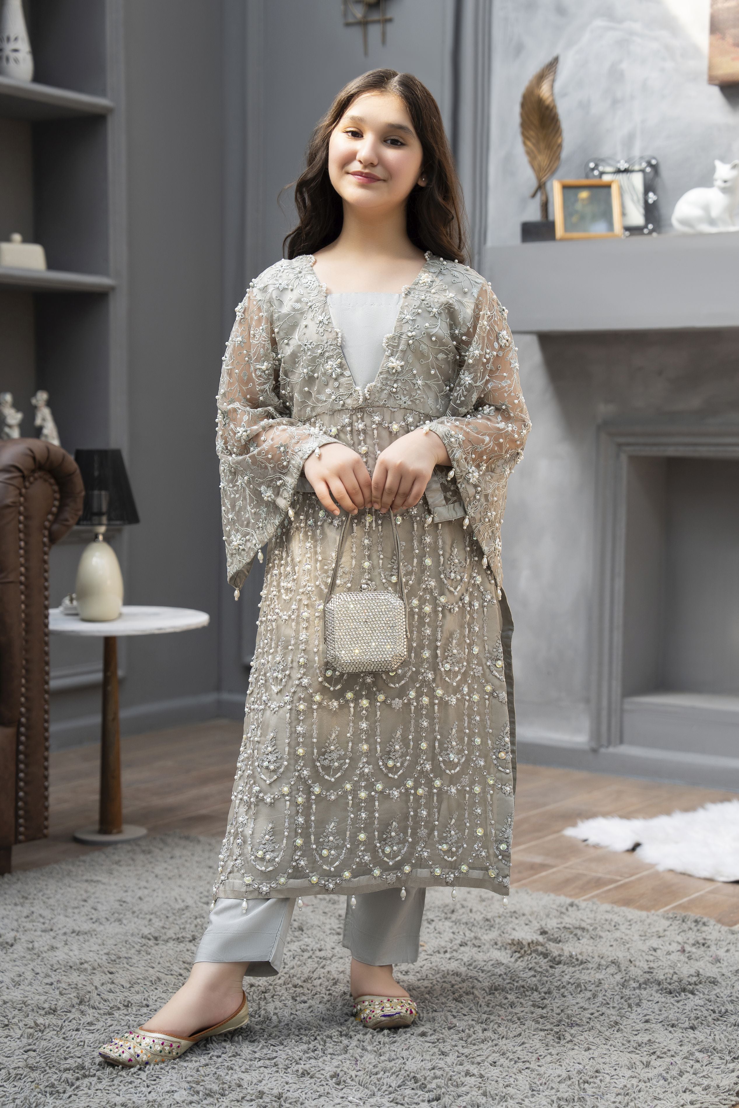 Starstruck by Ain – Silver Net Embroidered 2pc Dress with Shimmer Inner SBA7