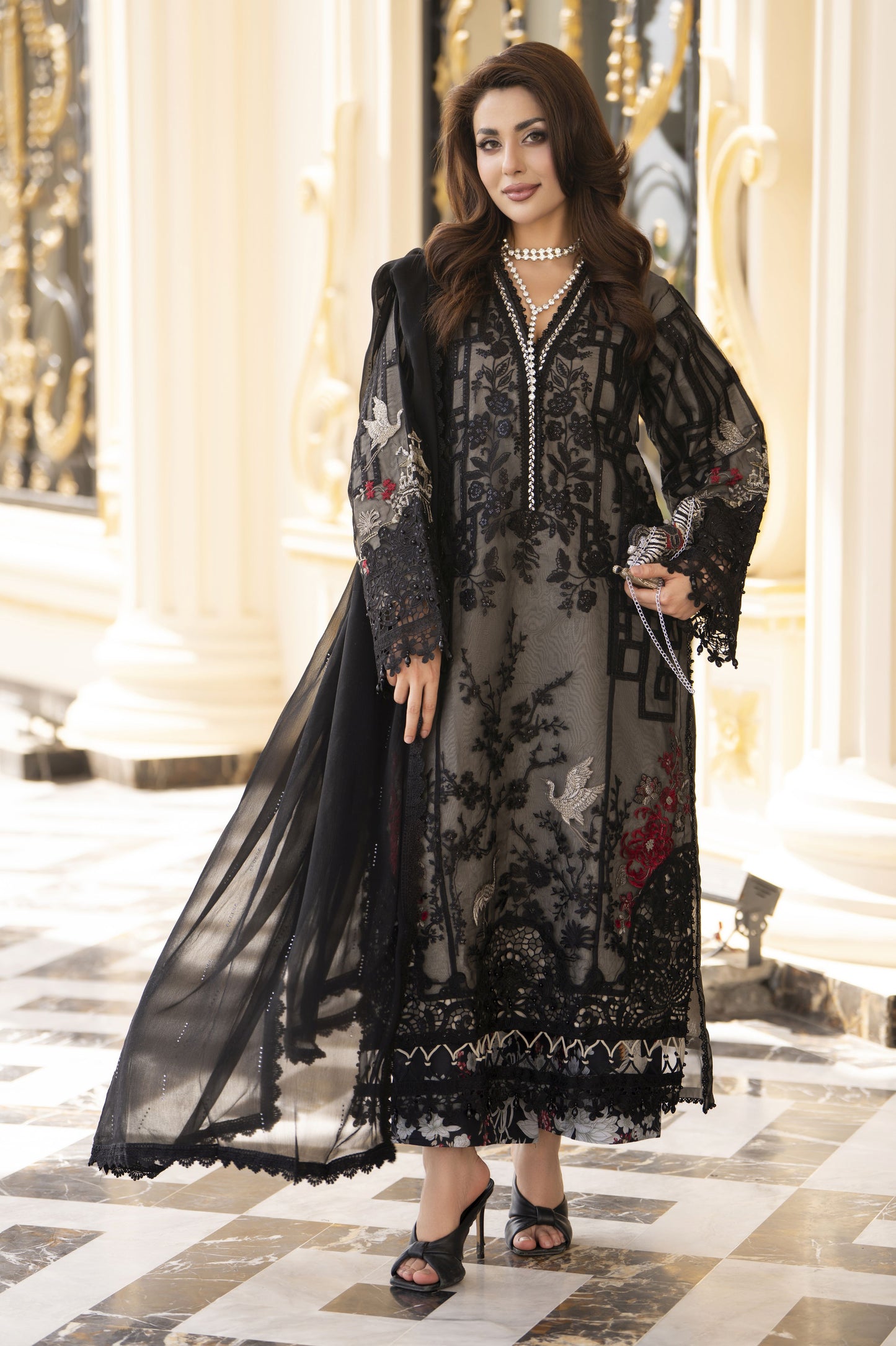 Arwah Aureen AA7 3pc Black Embroidered Suit with Chiffon Diamante Dupatta